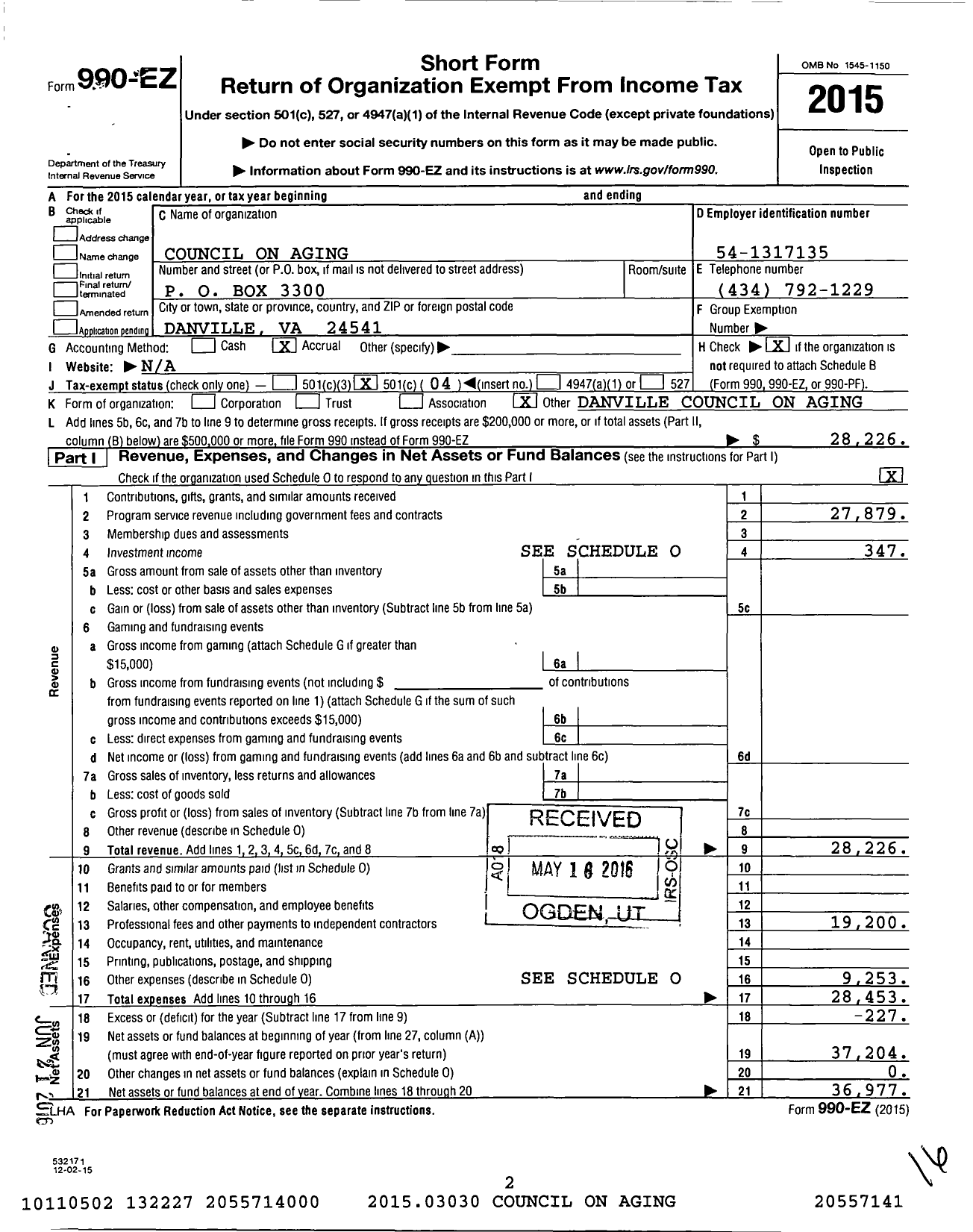 Image of first page of 2015 Form 990EO for Council on Aging