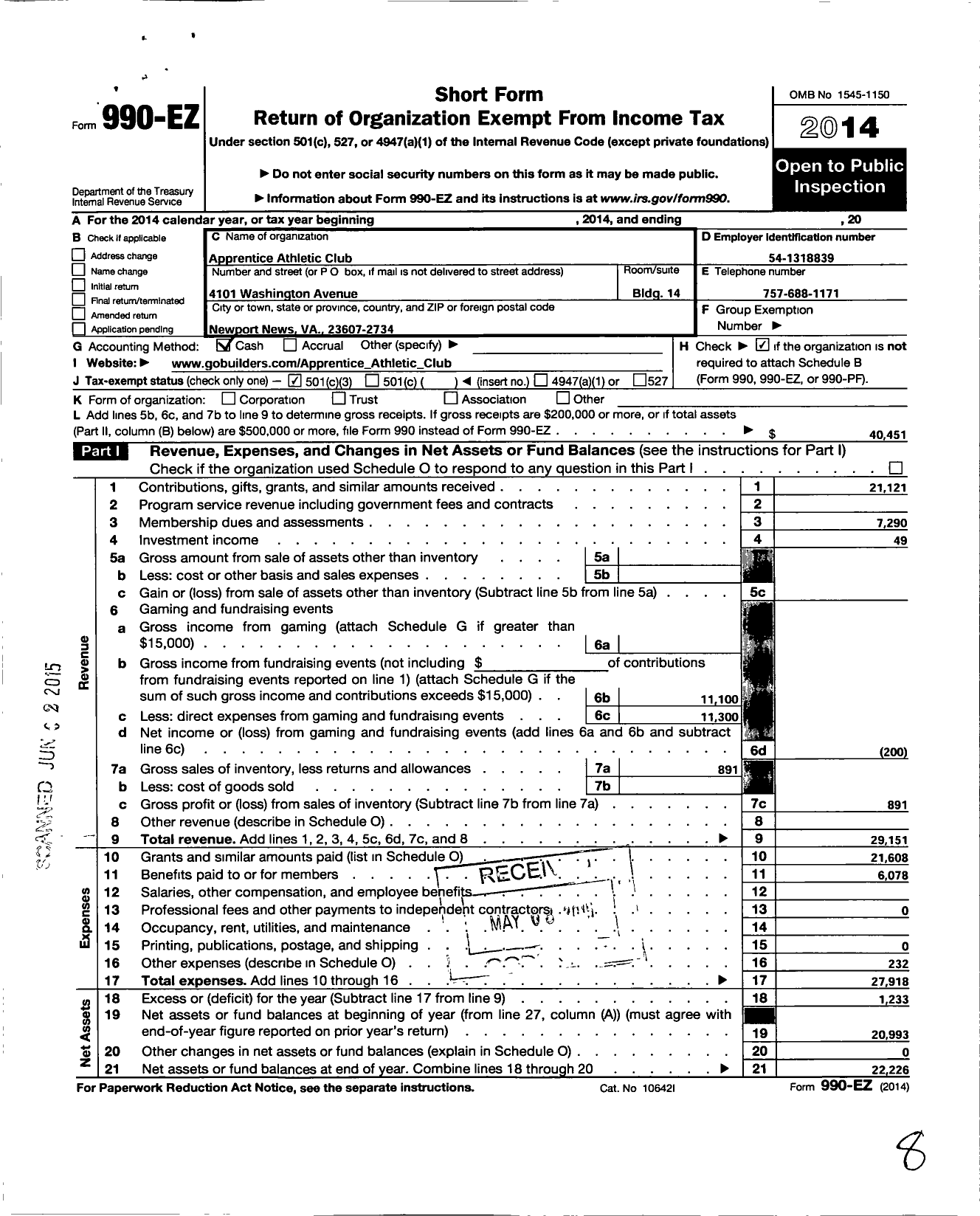 Image of first page of 2014 Form 990EZ for Apprentice Athletic Club