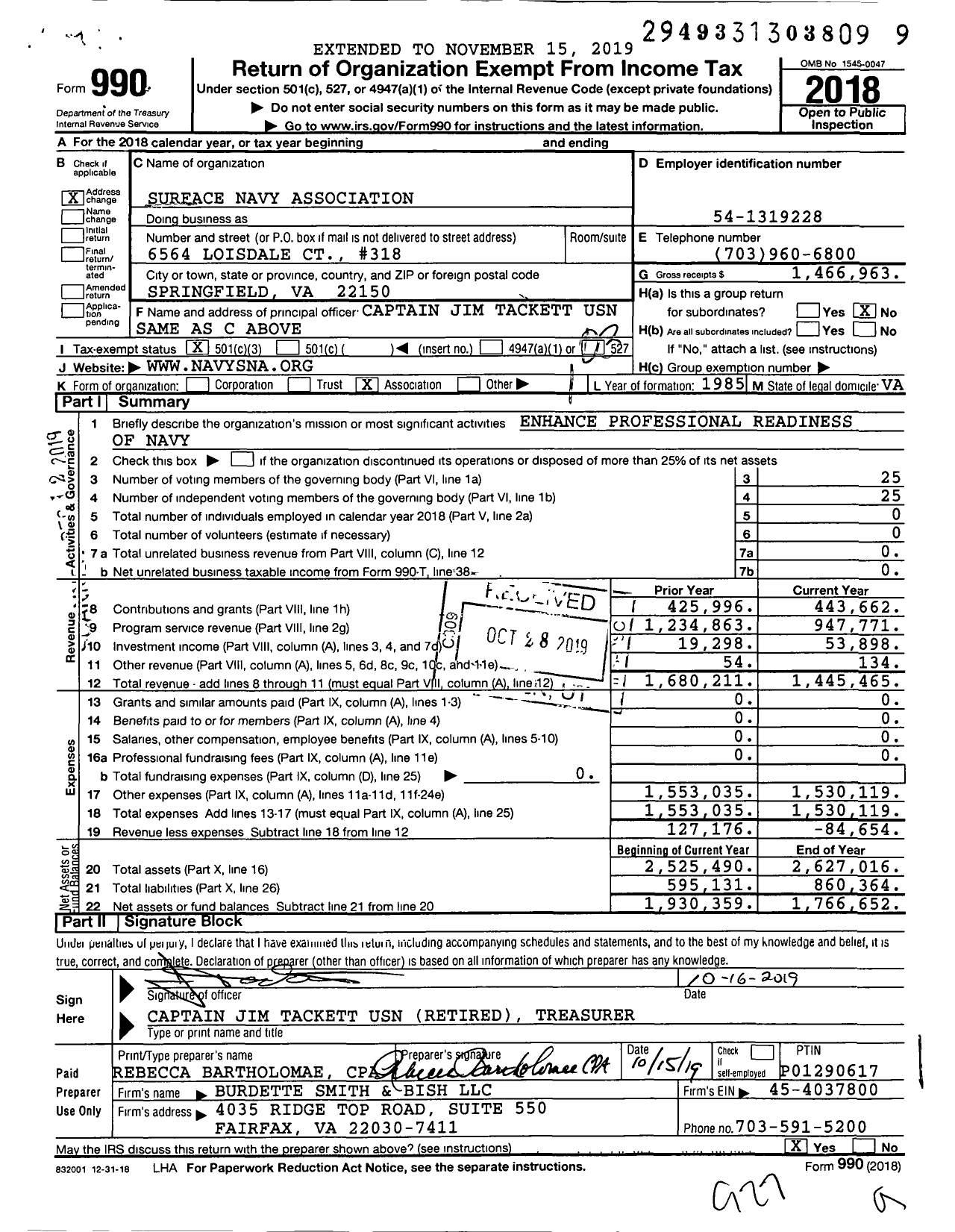 Image of first page of 2018 Form 990 for Surface Navy Association (SNA)