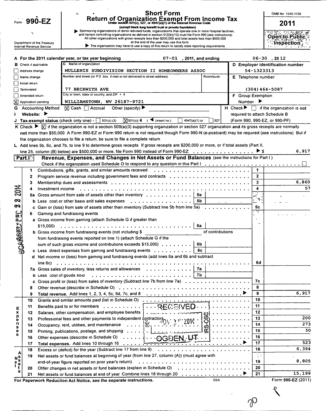 Image of first page of 2011 Form 990EO for Mullenix Subdivision Section Ii Homeowners Association