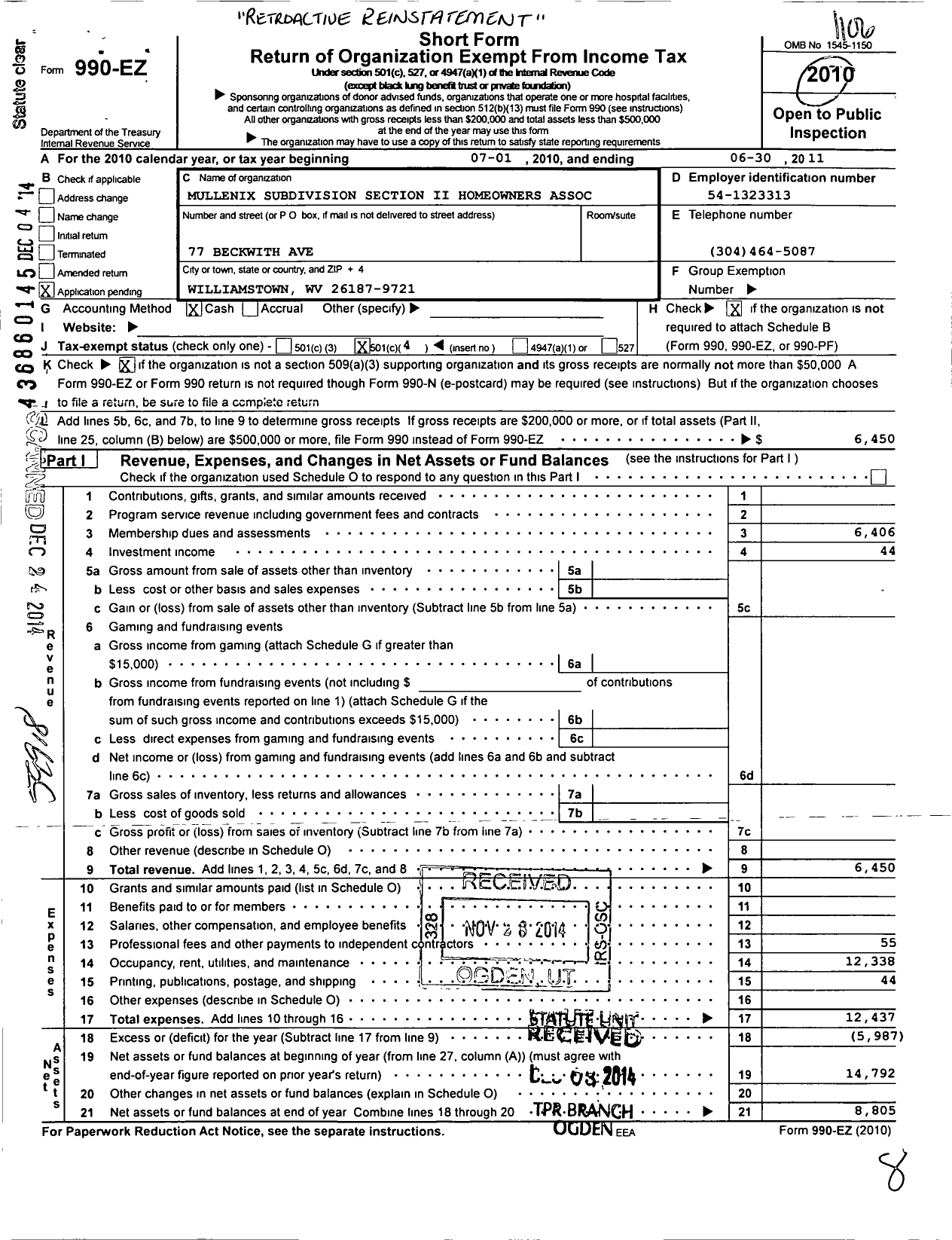 Image of first page of 2010 Form 990EO for Mullenix Subdivision Section Ii Homeowners Association