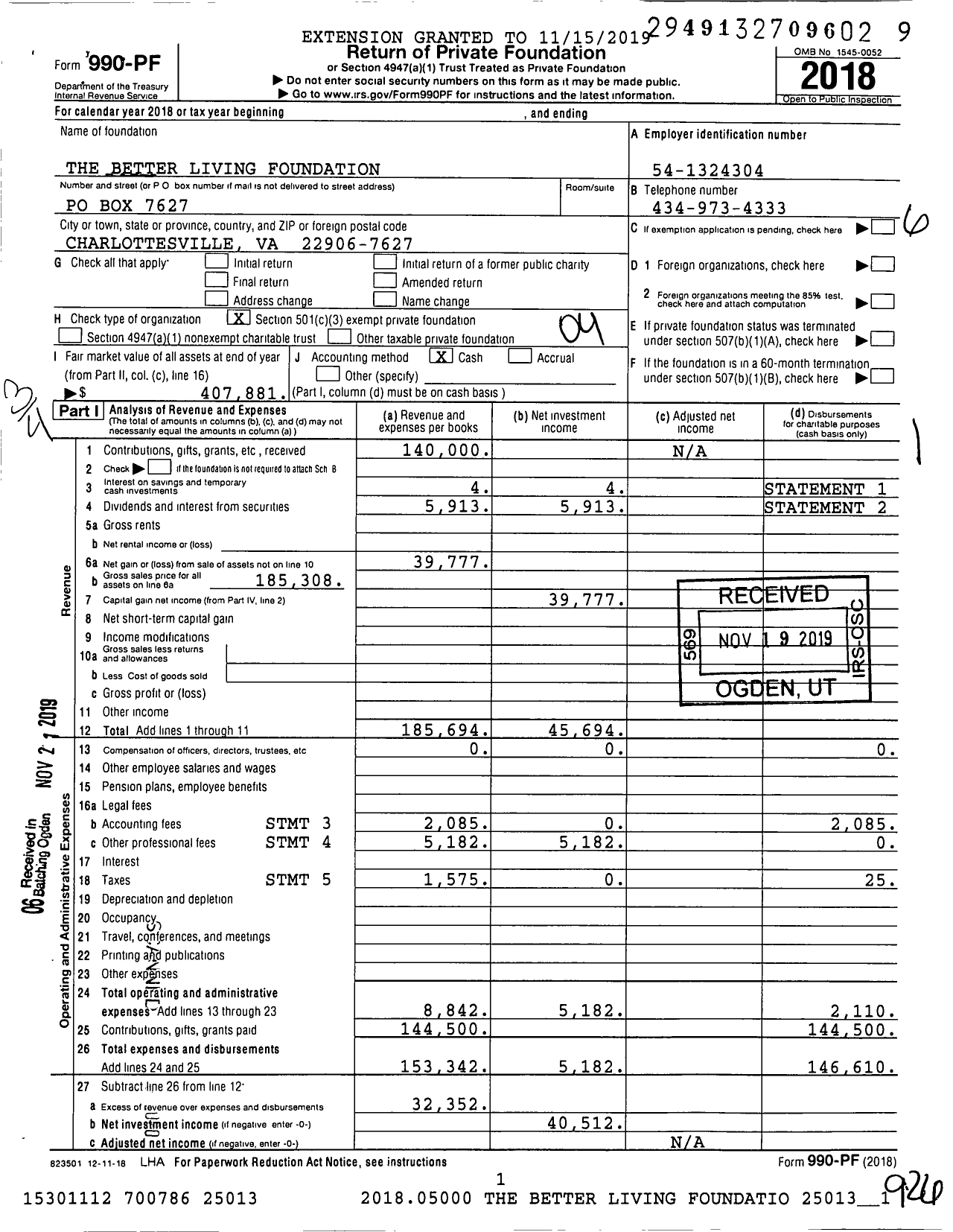 Image of first page of 2018 Form 990PF for The Better Living Foundation