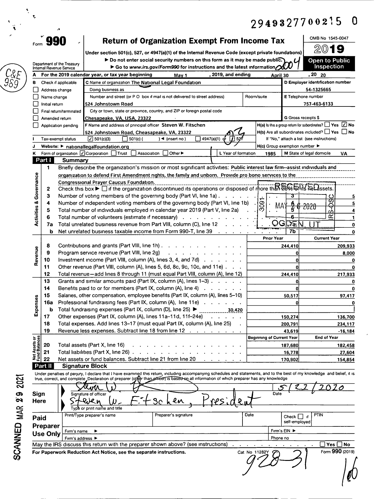 Image of first page of 2019 Form 990 for National Legal Foundation