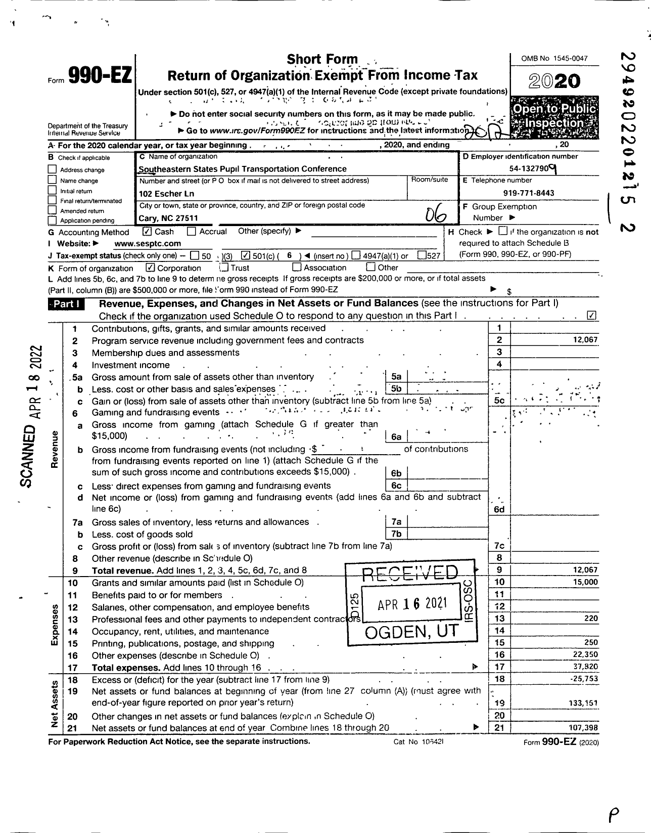 Image of first page of 2020 Form 990EO for Southeastern States Pupil Transportation Conference