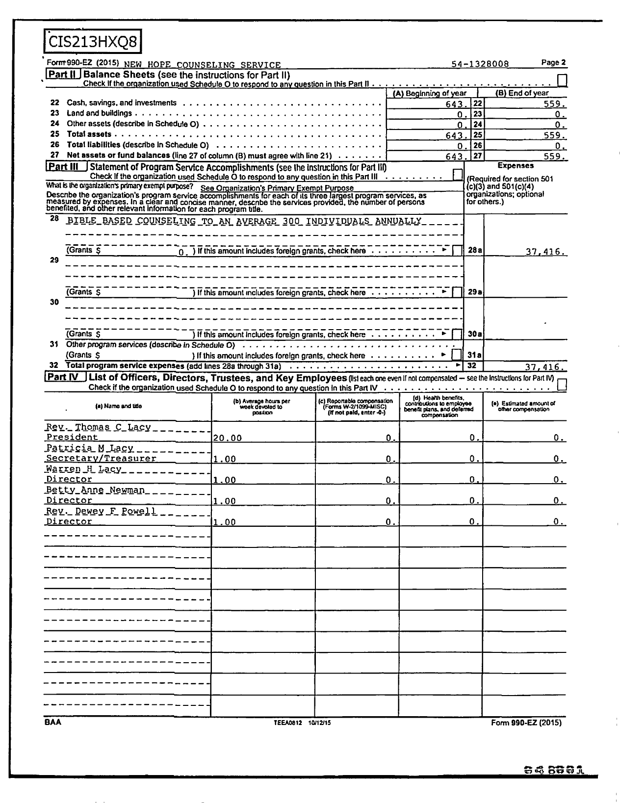 Image of first page of 2015 Form 990ER for New Hope Counseling Service