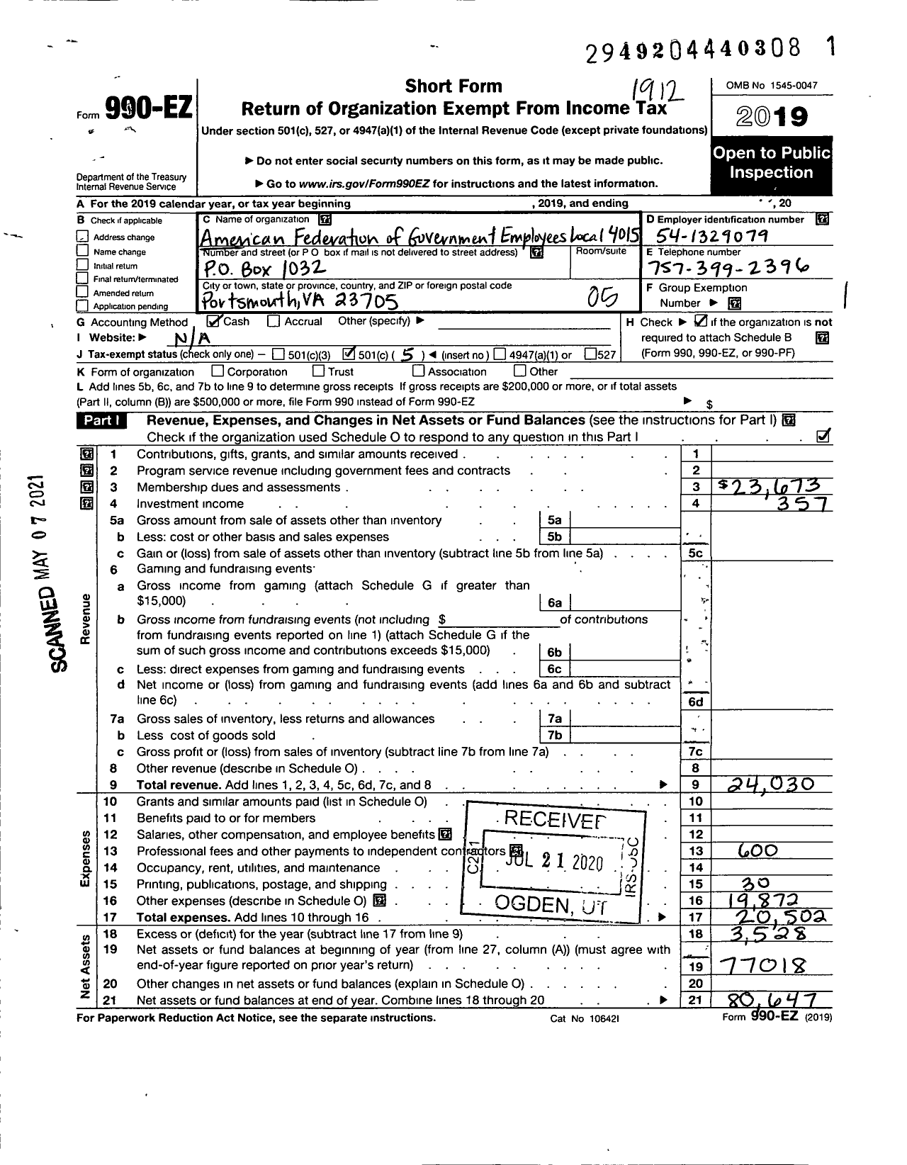 Image of first page of 2019 Form 990EO for American Federation of Government Employees - 4015 Afge Dod Local