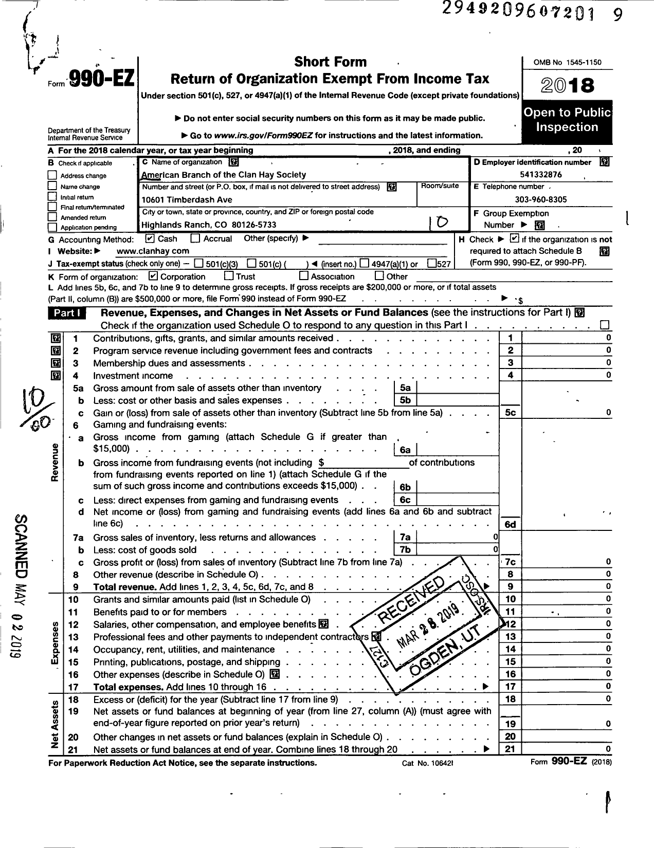 Image of first page of 2018 Form 990EO for American Branch of the Clan Hay Society