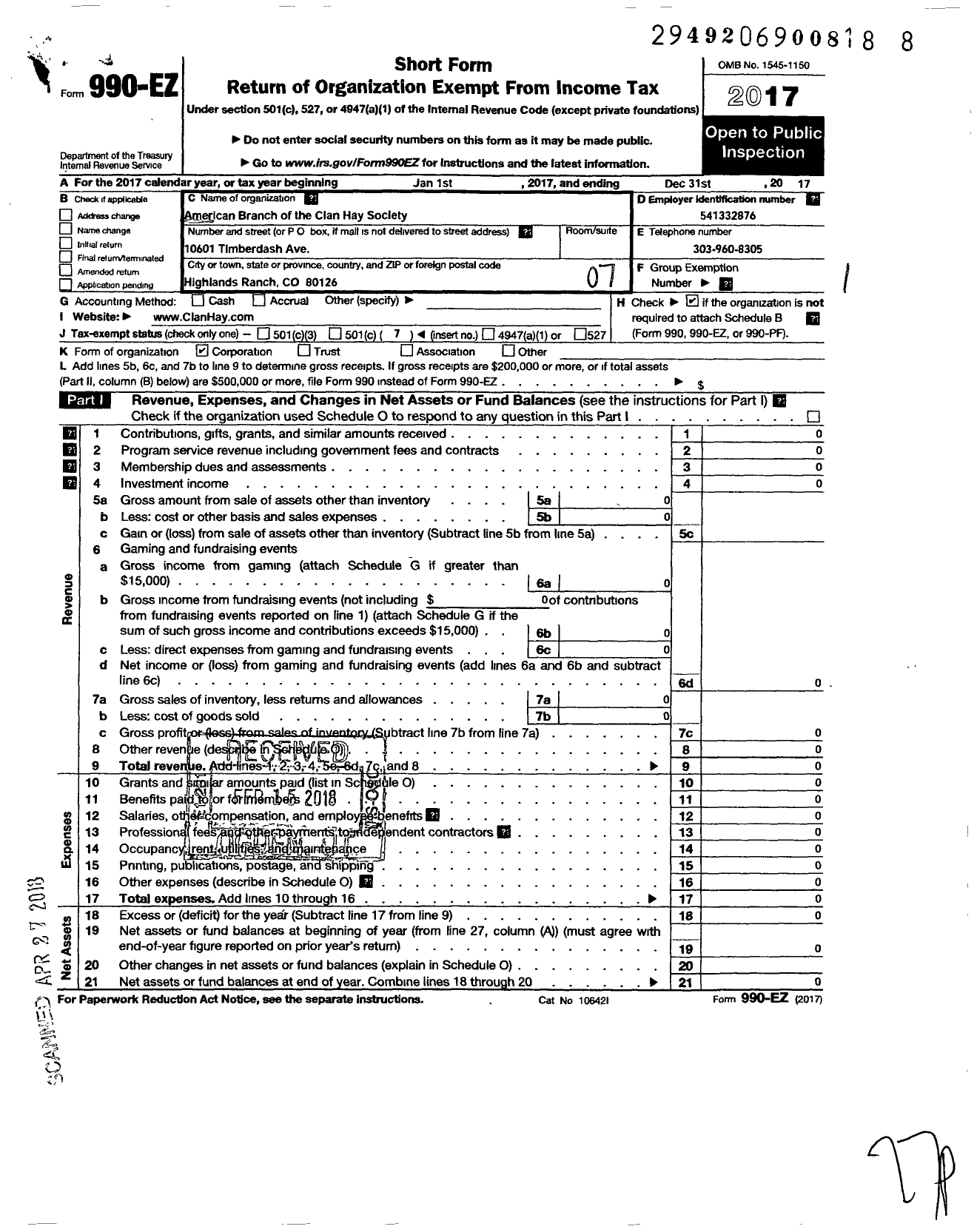 Image of first page of 2017 Form 990EO for American Branch of the Clan Hay Society