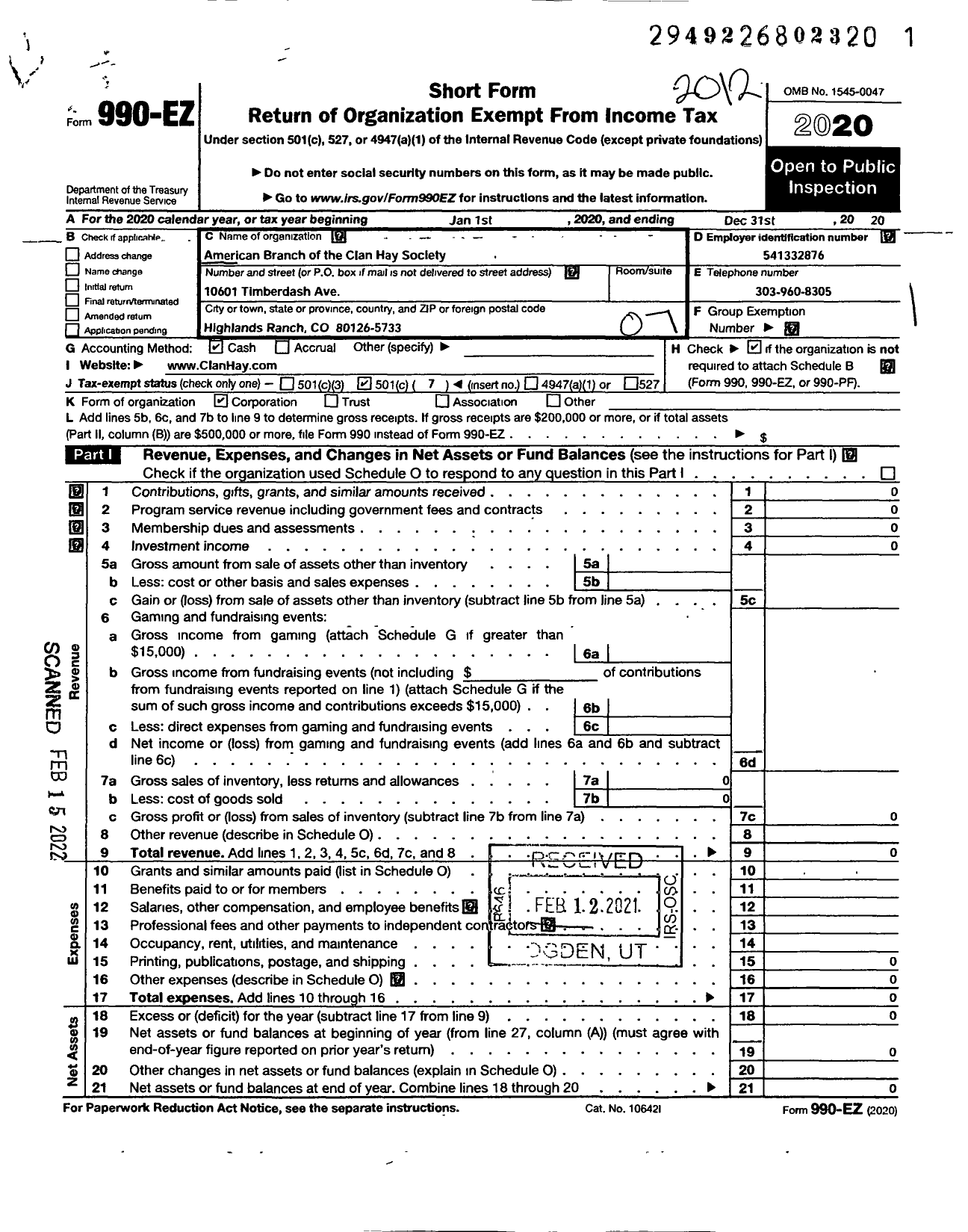 Image of first page of 2020 Form 990EO for American Branch of the Clan Hay Society