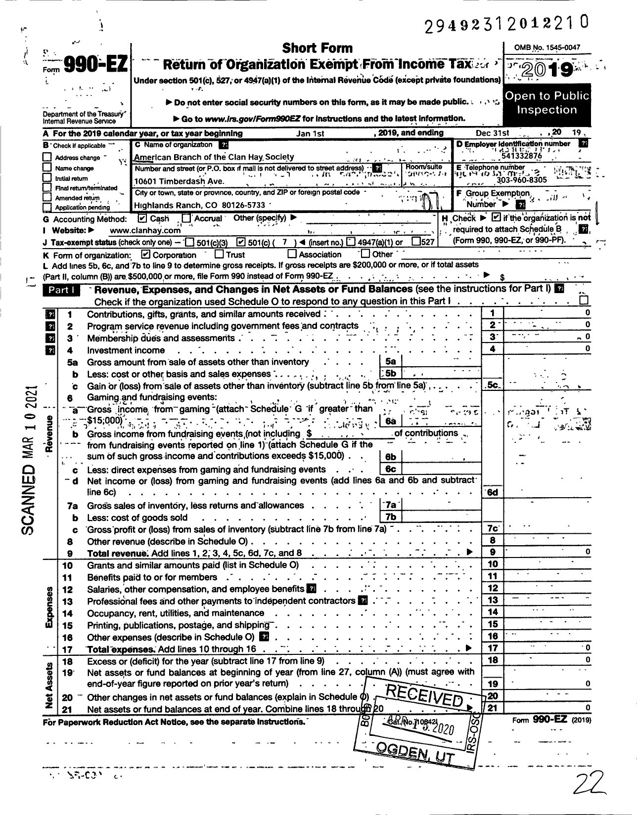 Image of first page of 2019 Form 990EO for American Branch of the Clan Hay Society