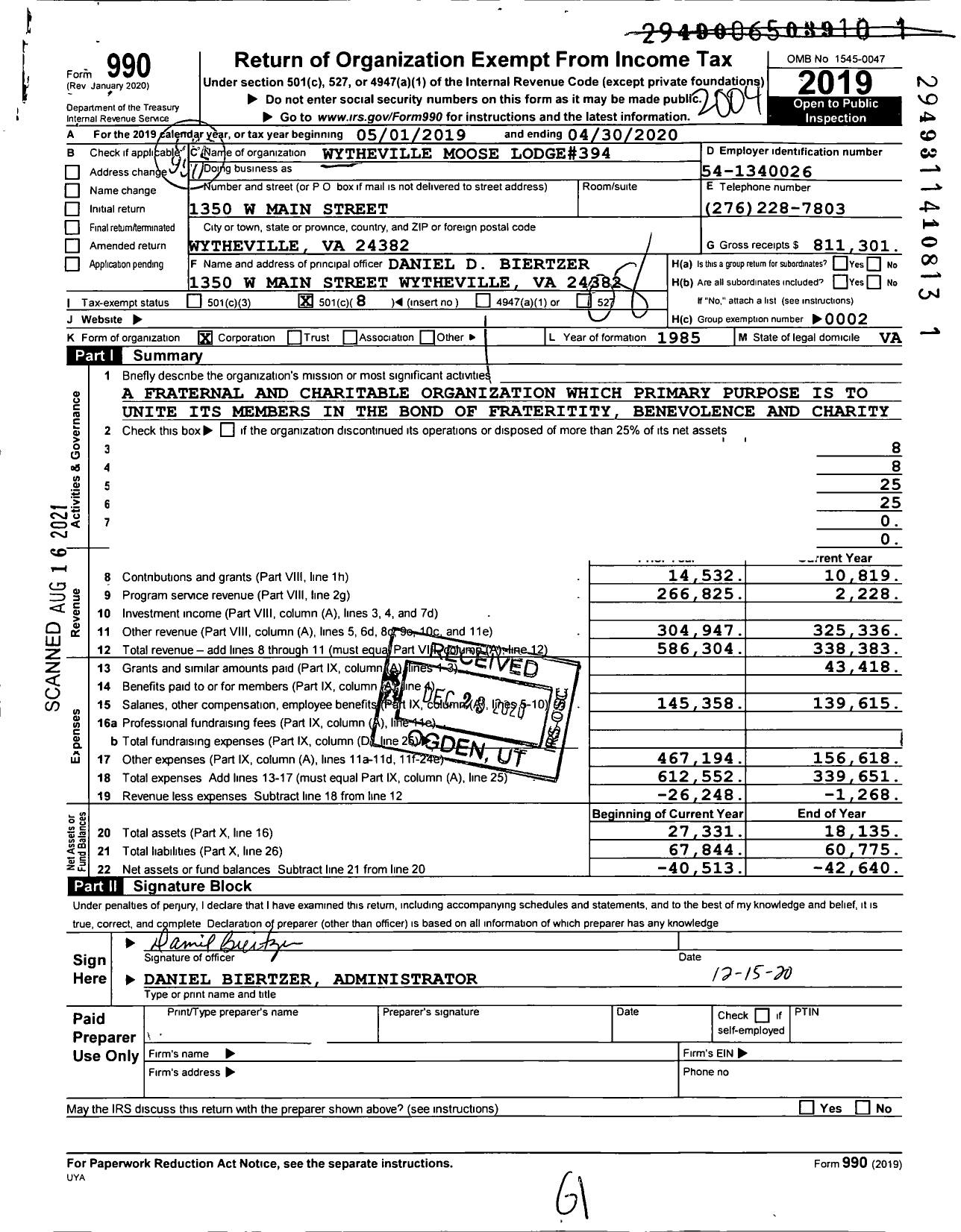 Image of first page of 2019 Form 990O for Loyal Order of Moose - 394