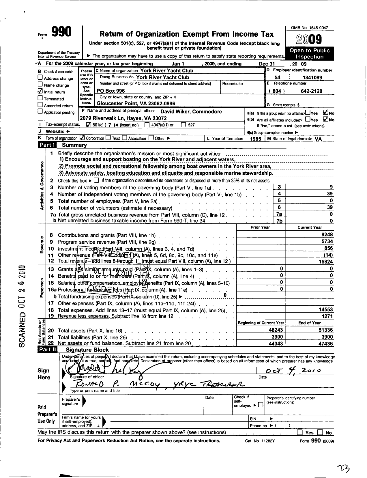 Image of first page of 2009 Form 990O for York River Yacht Club