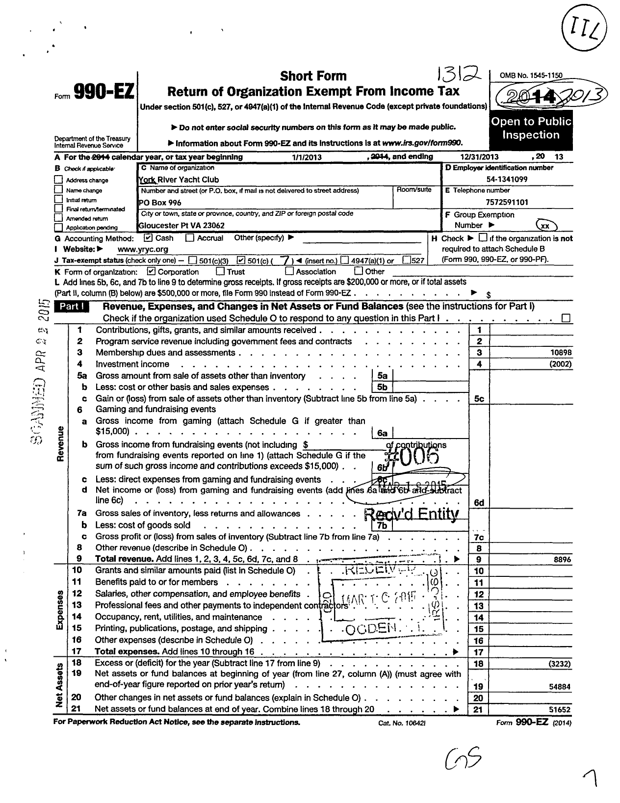 Image of first page of 2013 Form 990EO for York River Yacht Club