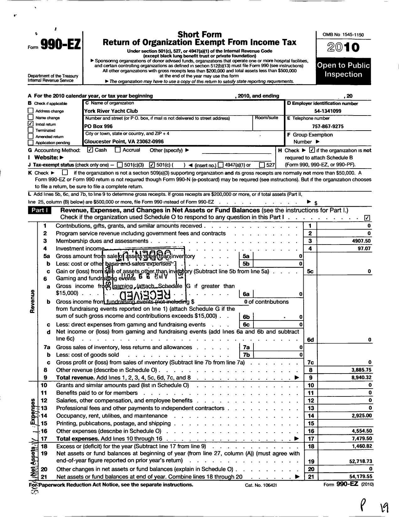 Image of first page of 2010 Form 990EO for York River Yacht Club