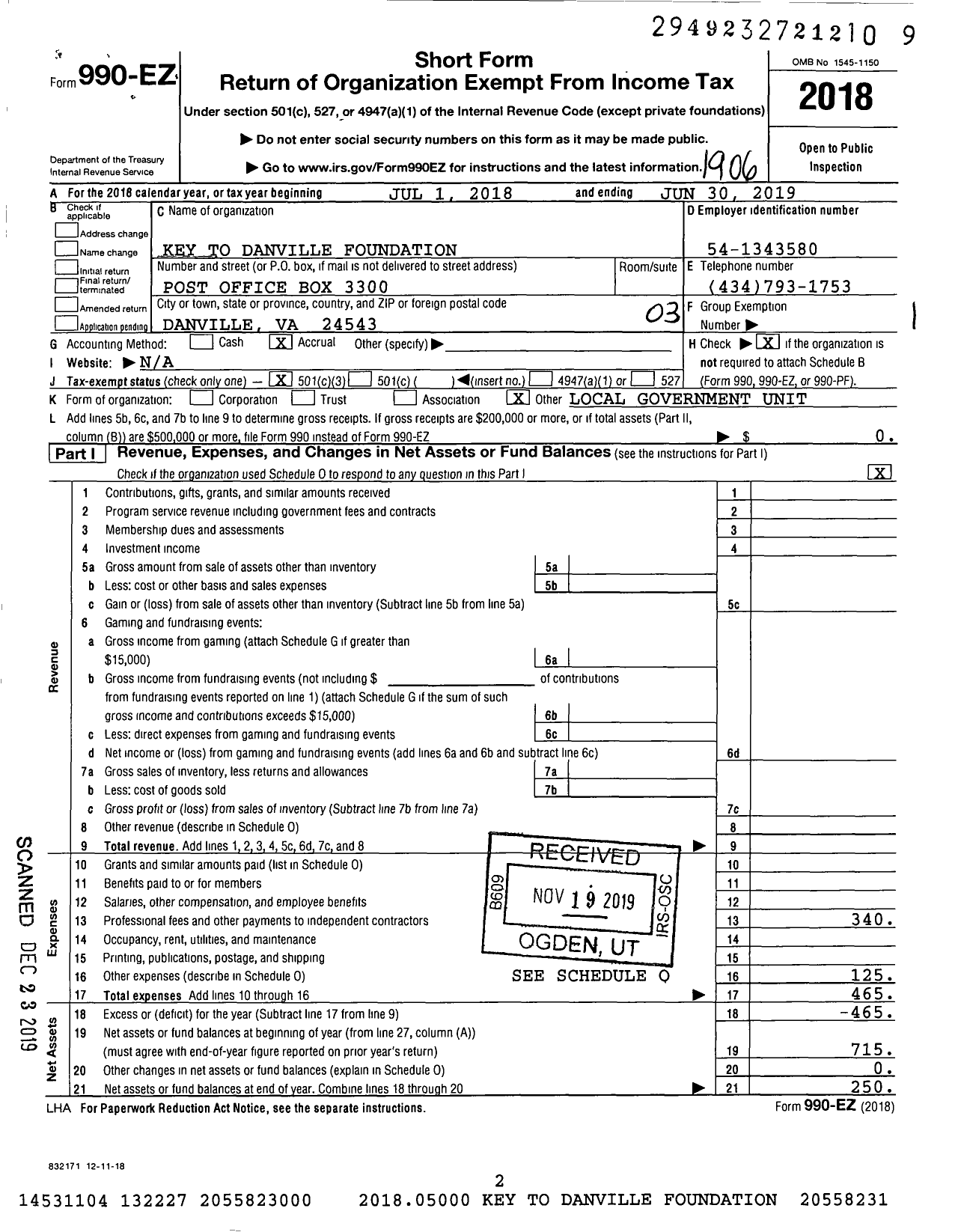 Image of first page of 2018 Form 990EZ for Key To Danville Foundation