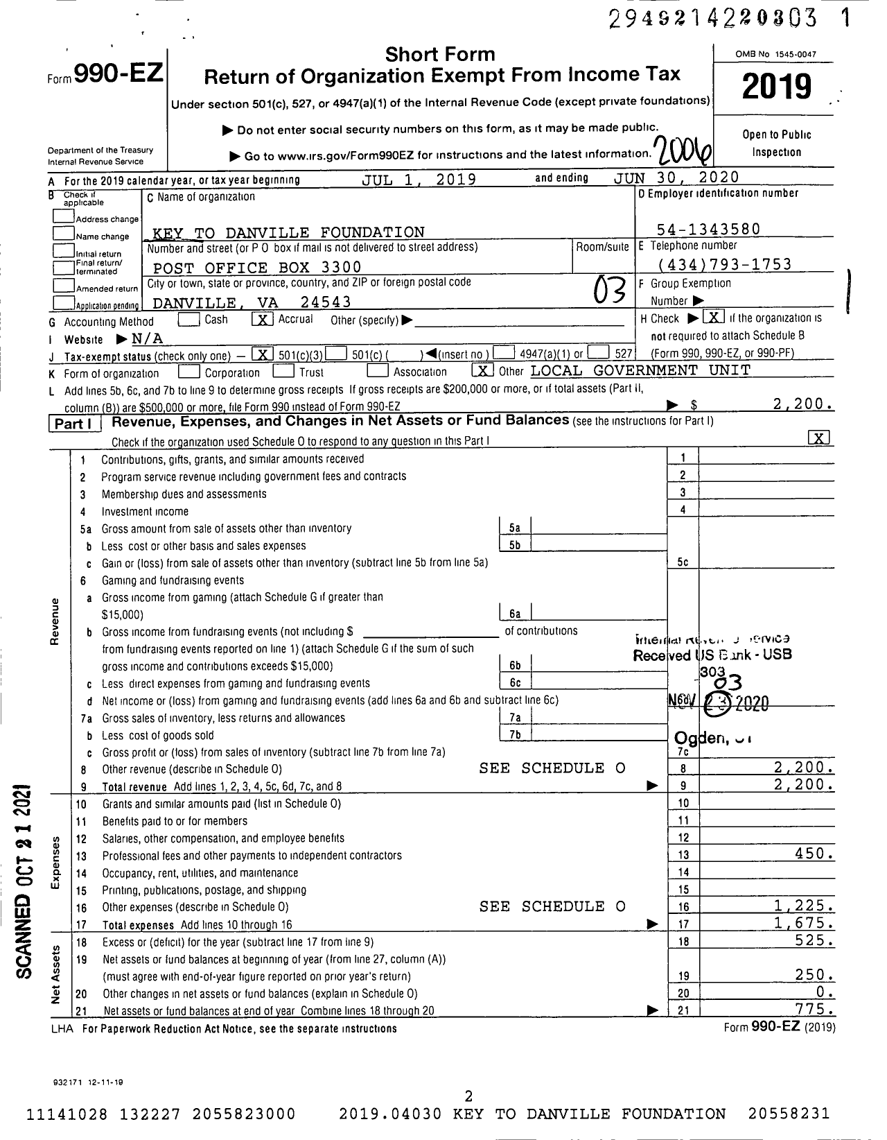 Image of first page of 2019 Form 990EZ for Key To Danville Foundation