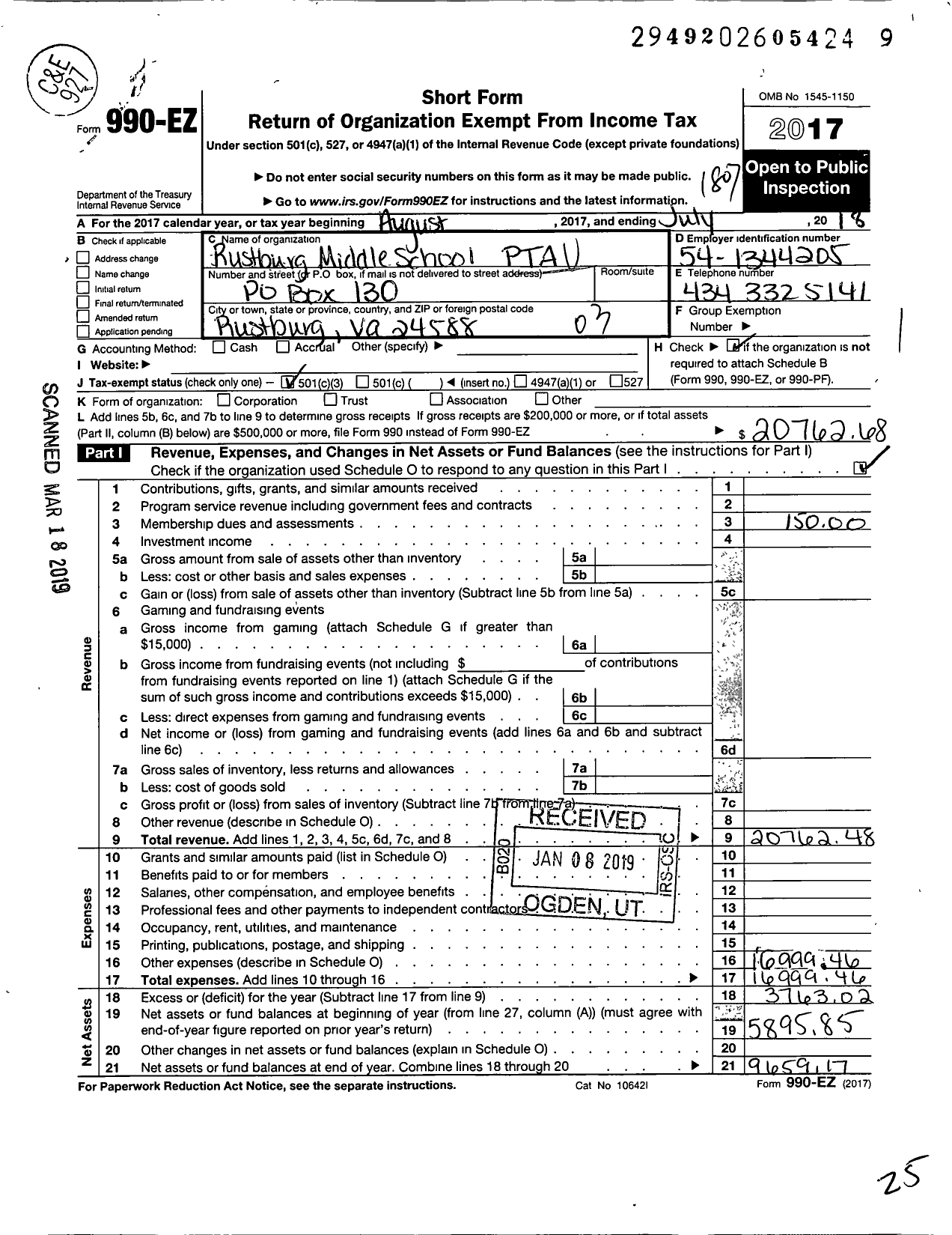 Image of first page of 2017 Form 990EZ for VIRGINIA PTA - Rustburg Middle School PTA