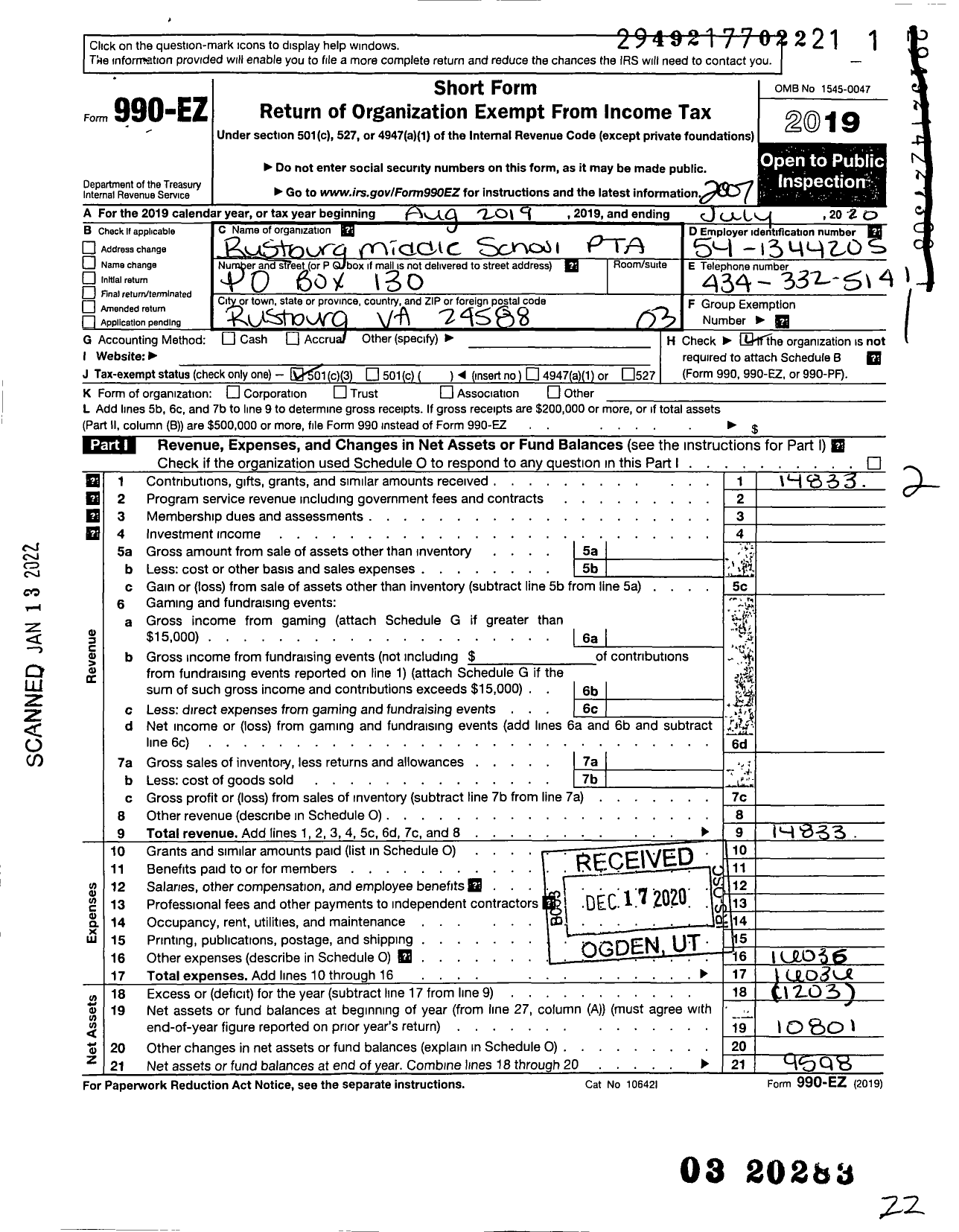 Image of first page of 2019 Form 990EZ for VIRGINIA PTA - Rustburg Middle School PTA