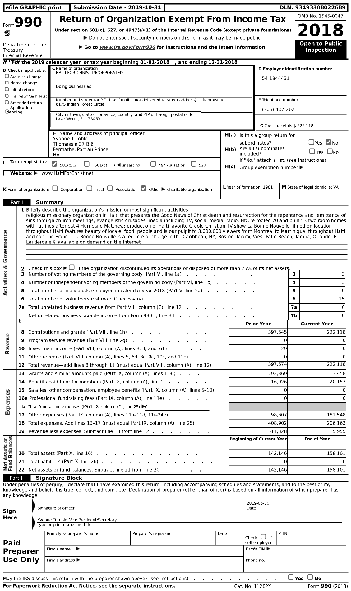 Image of first page of 2018 Form 990 for HAITI for CHRIST INCORPORATED