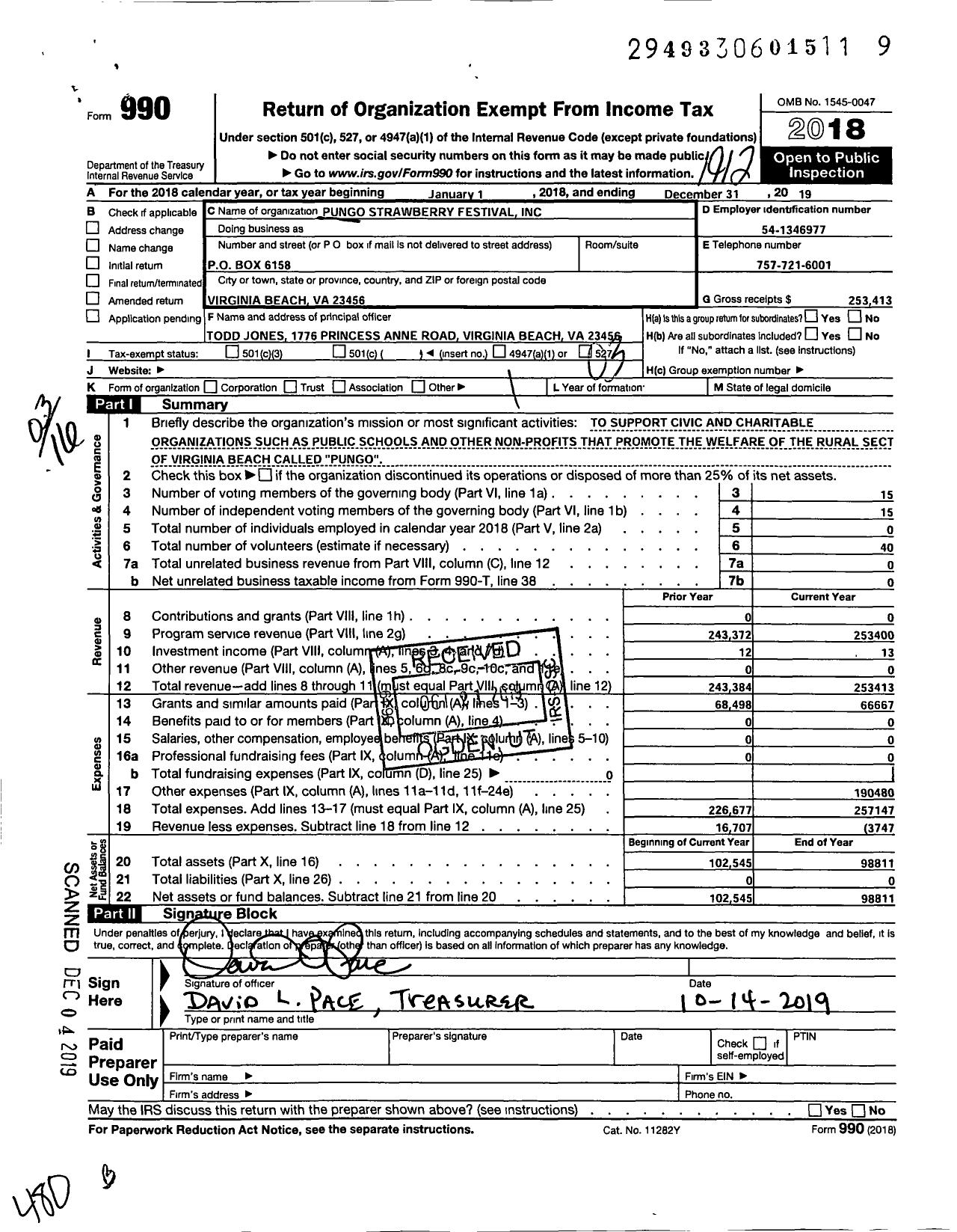 Image of first page of 2019 Form 990 for Pungo Strawberry Festival