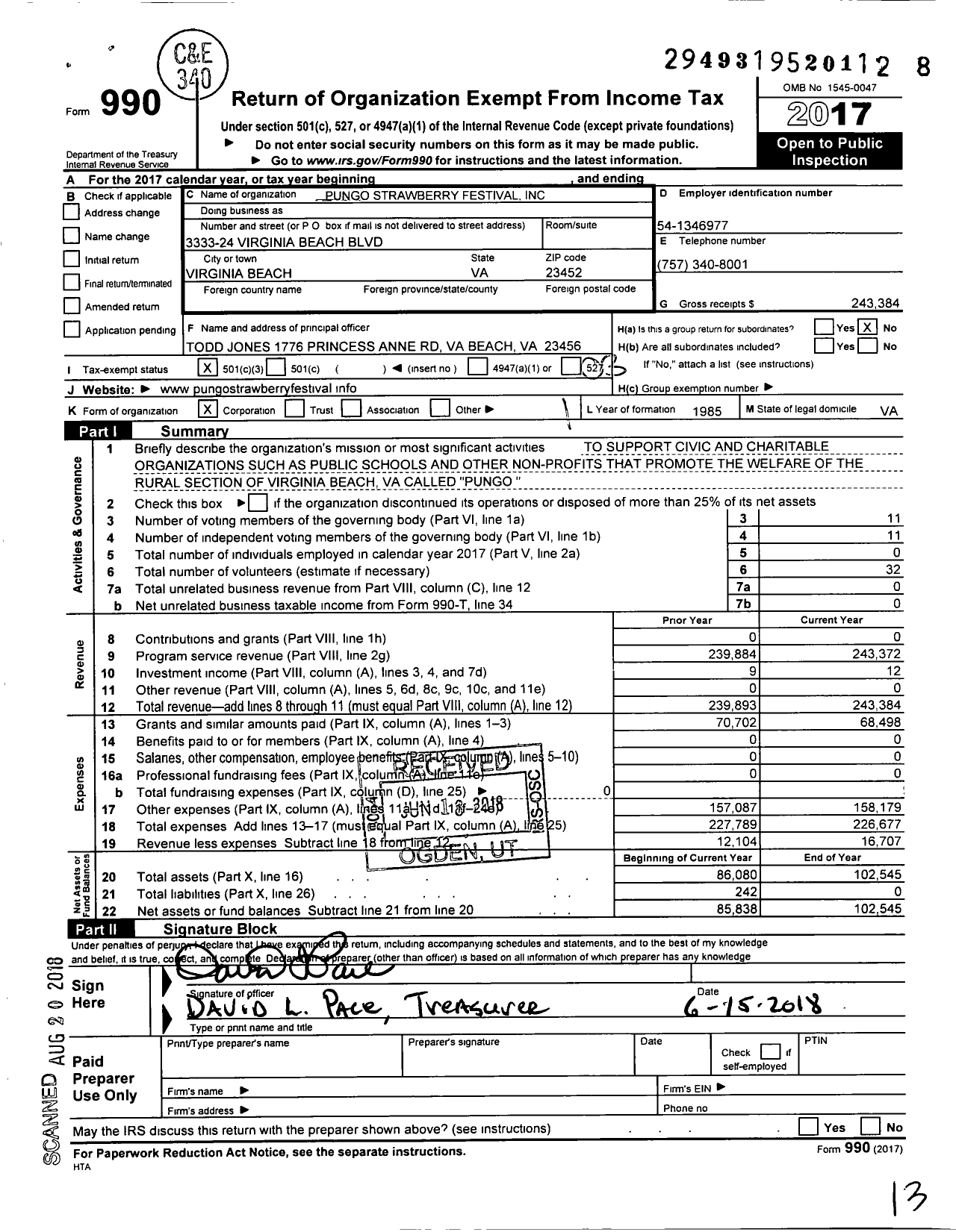 Image of first page of 2017 Form 990 for Pungo Strawberry Festival