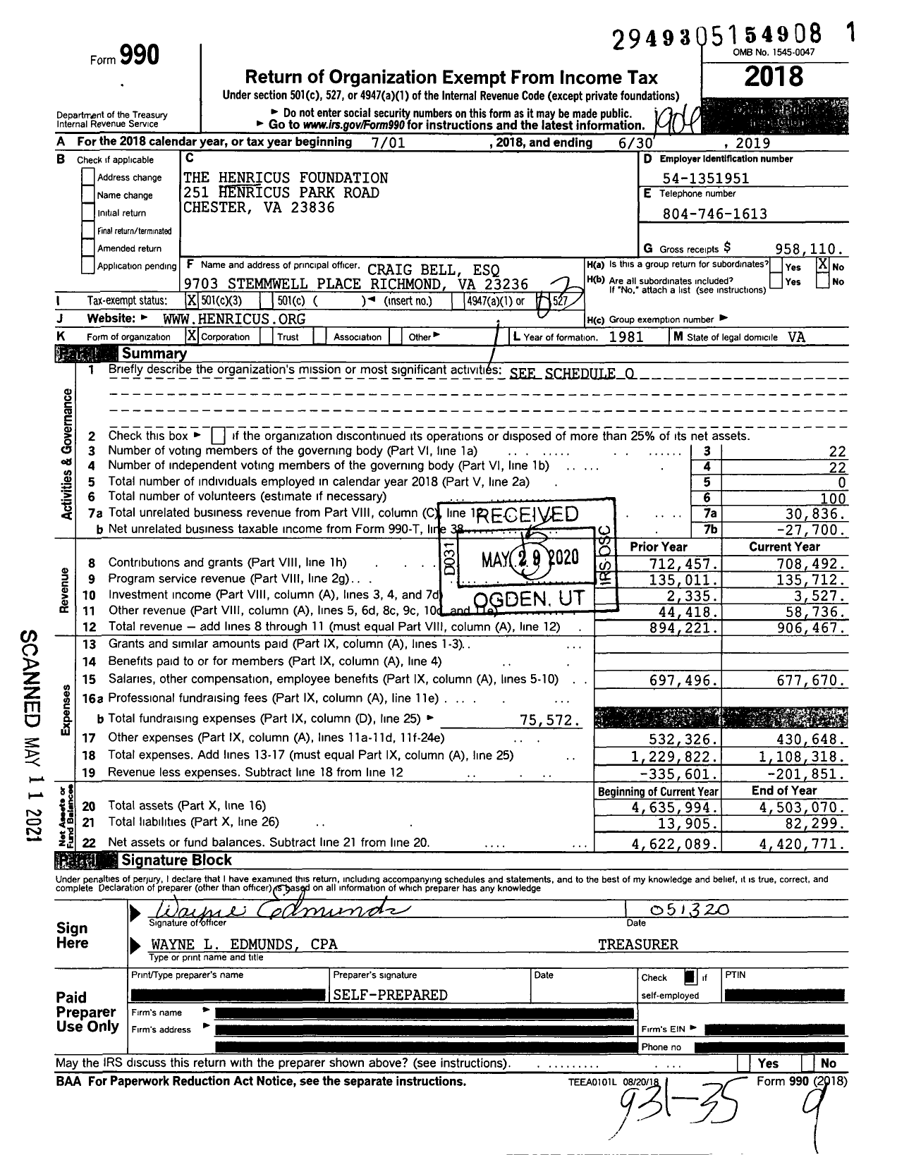 Image of first page of 2018 Form 990 for The Henricus Foundation