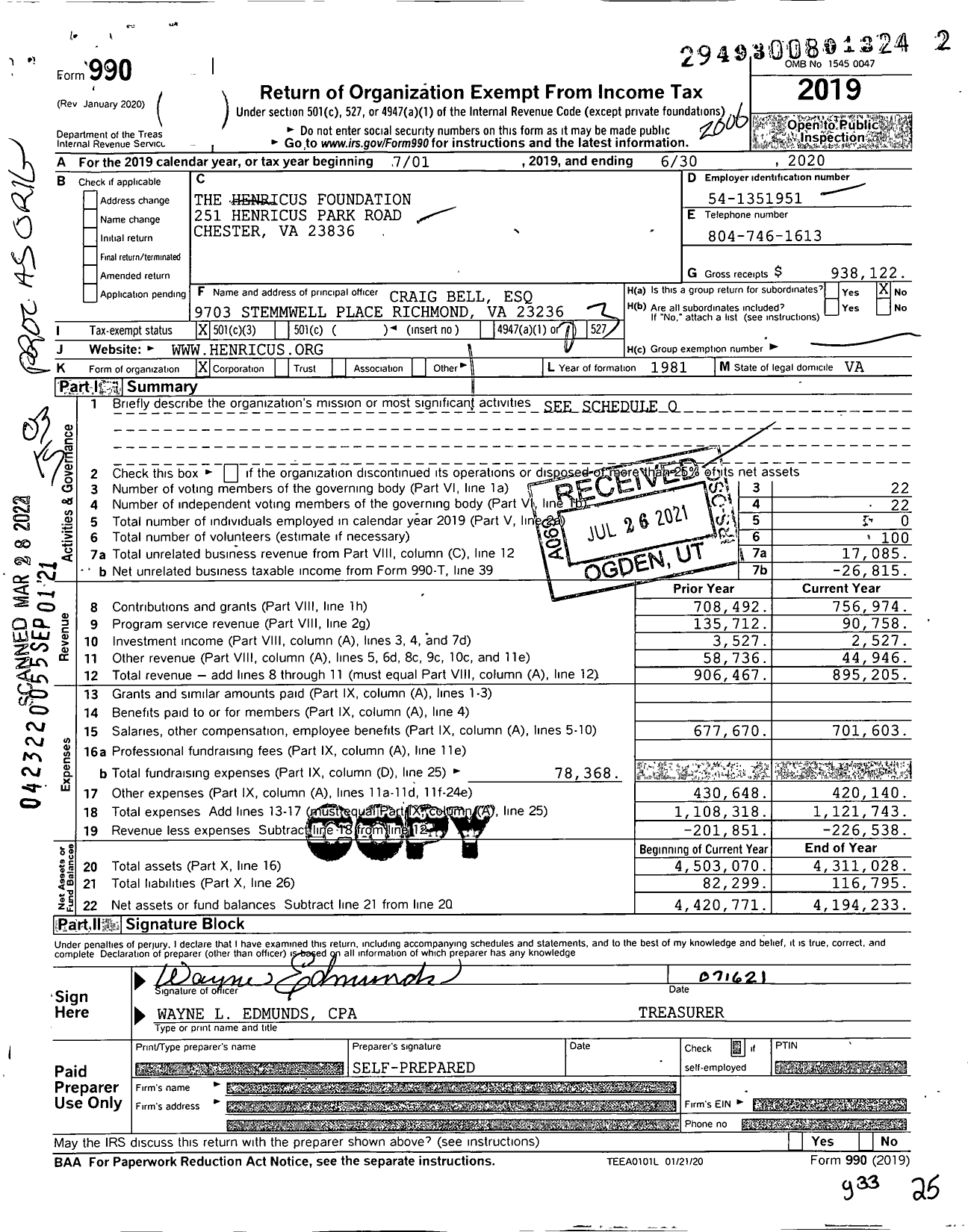 Image of first page of 2019 Form 990 for The Henricus Foundation