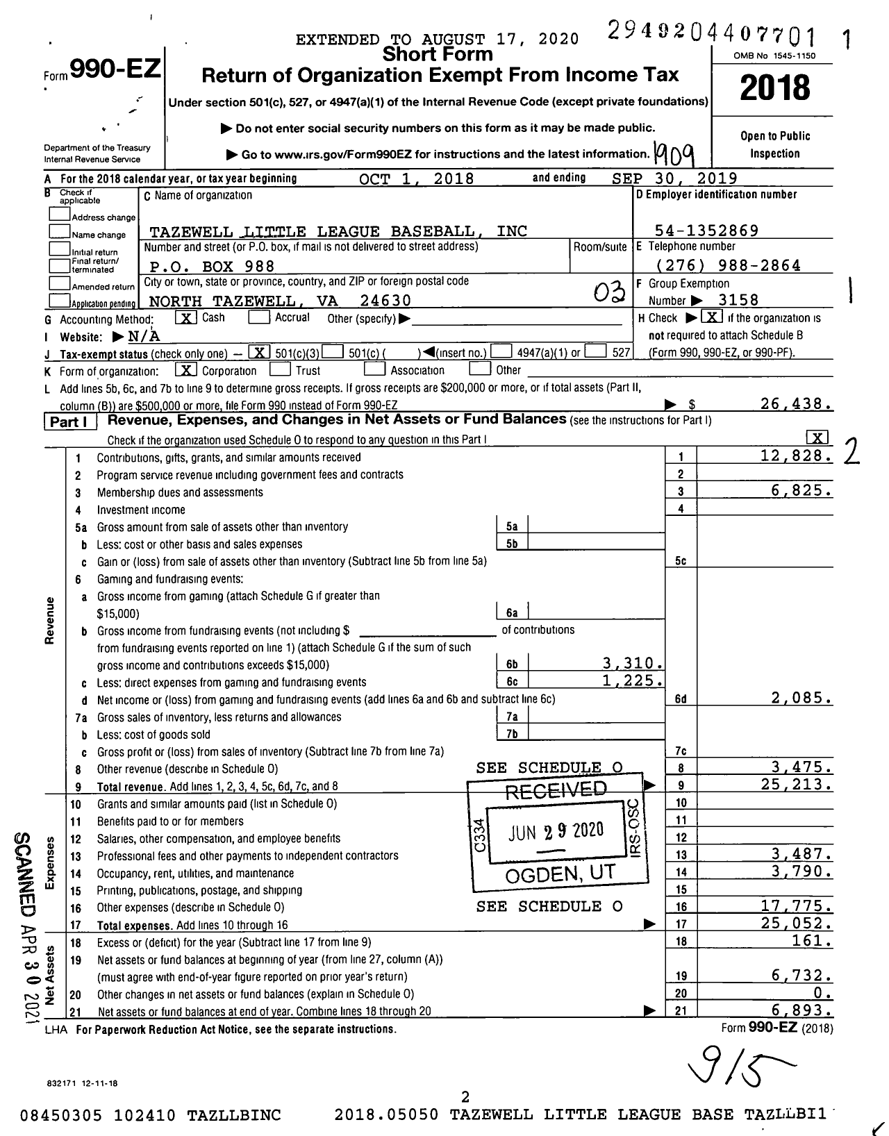 Image of first page of 2018 Form 990EZ for Little League Baseball - 3461114 Tazewell LL