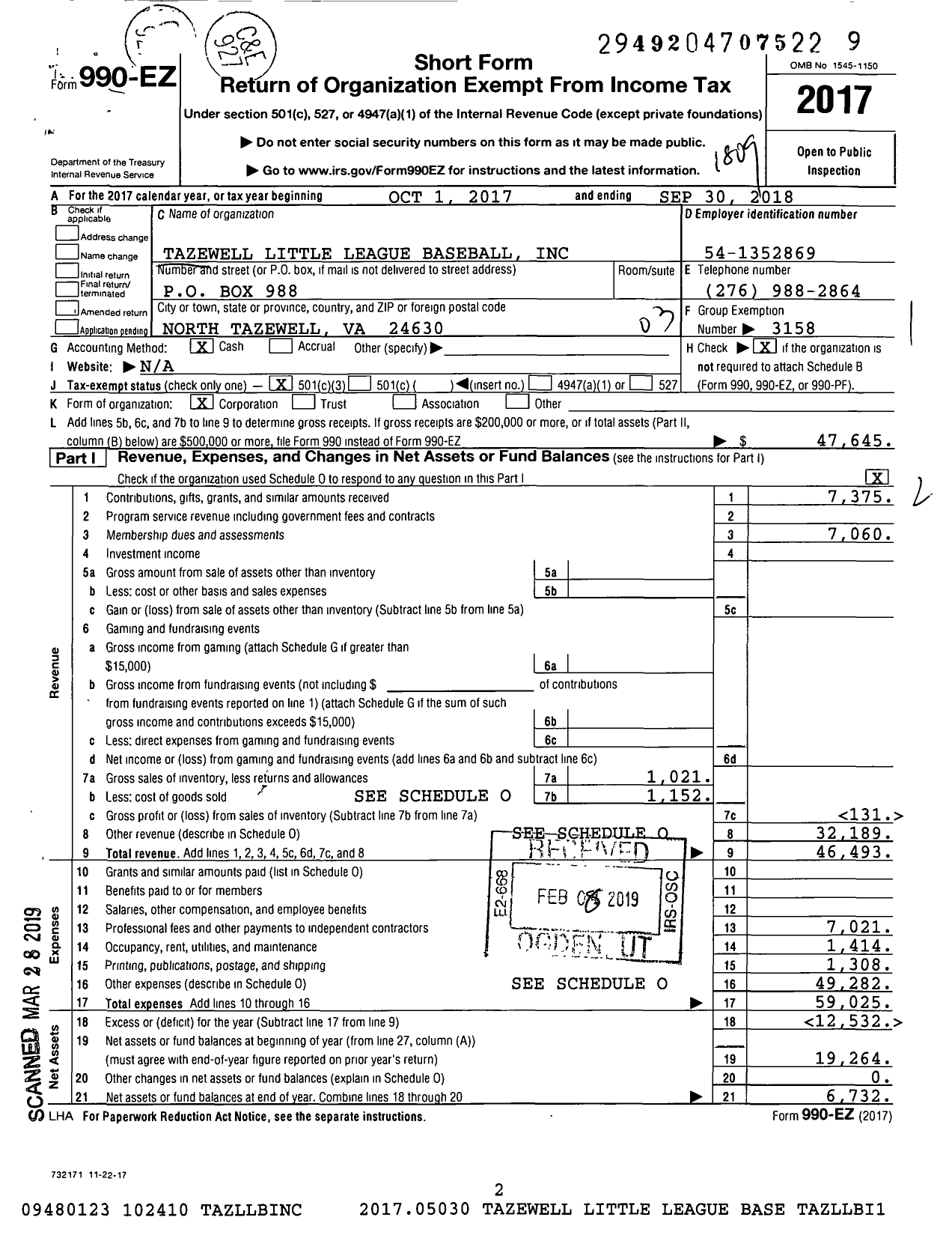 Image of first page of 2017 Form 990EZ for Little League Baseball - 3461114 Tazewell LL