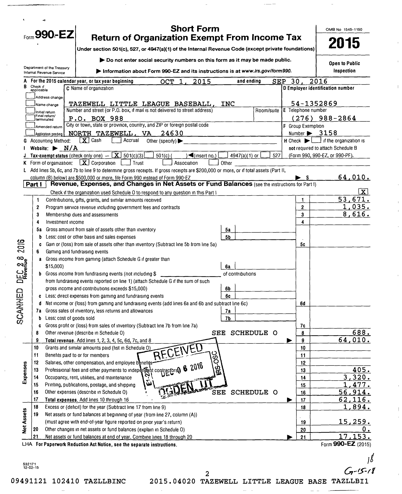 Image of first page of 2015 Form 990EZ for Little League Baseball - 3461114 Tazewell LL