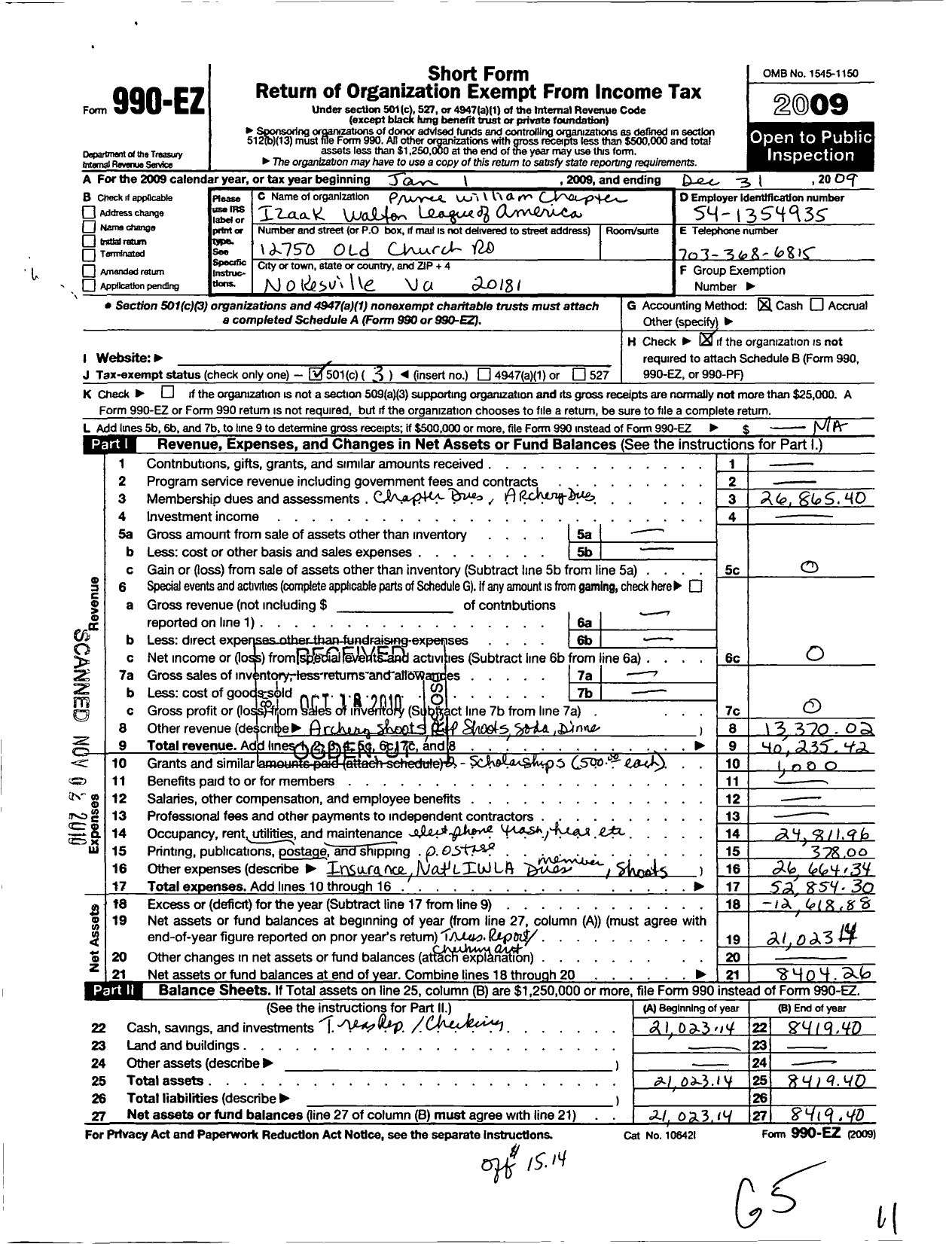 Image of first page of 2009 Form 990EZ for Izaak Walton League of America - Prince William County Chapter