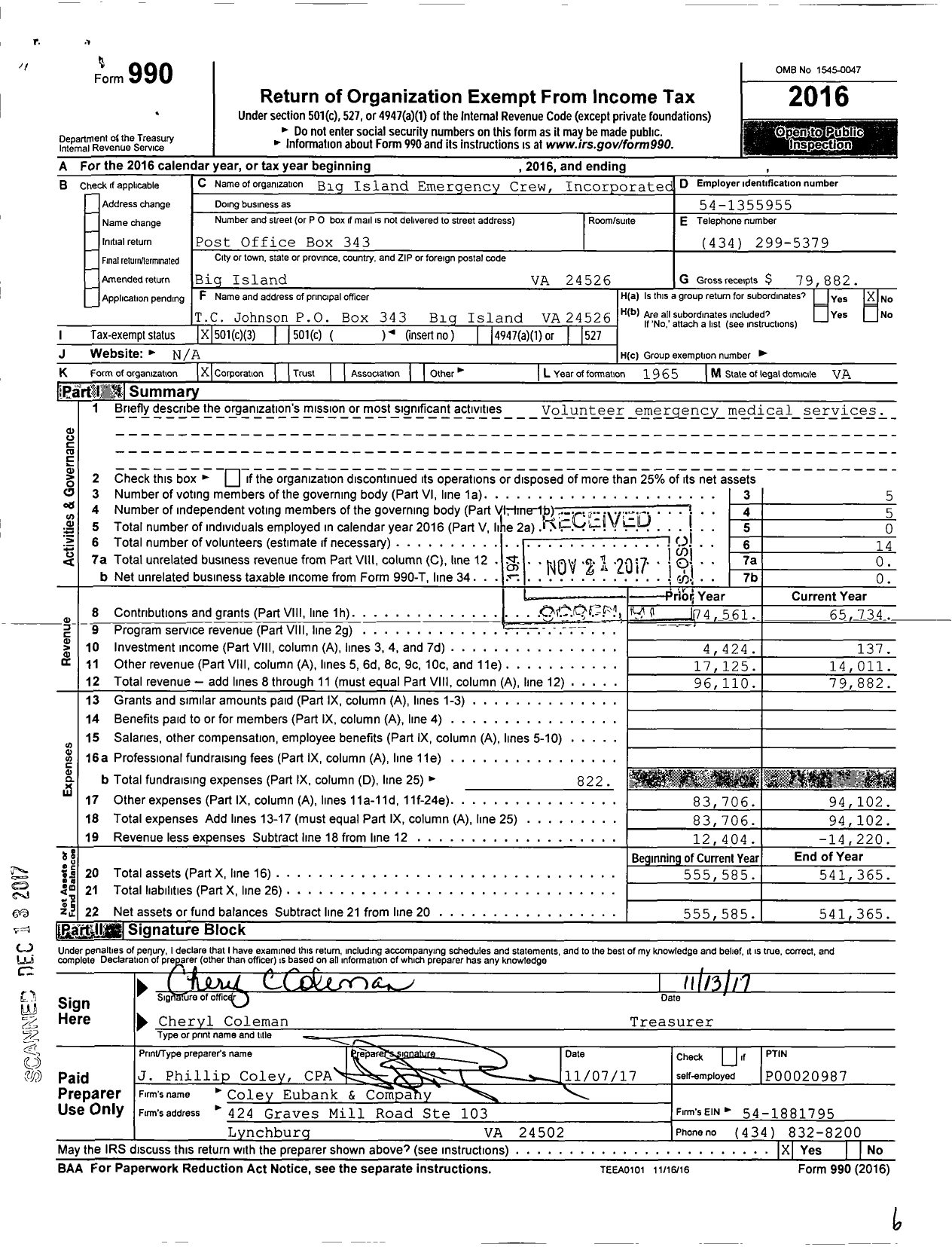 Image of first page of 2016 Form 990 for Big Island Emergency Crew Incorporated