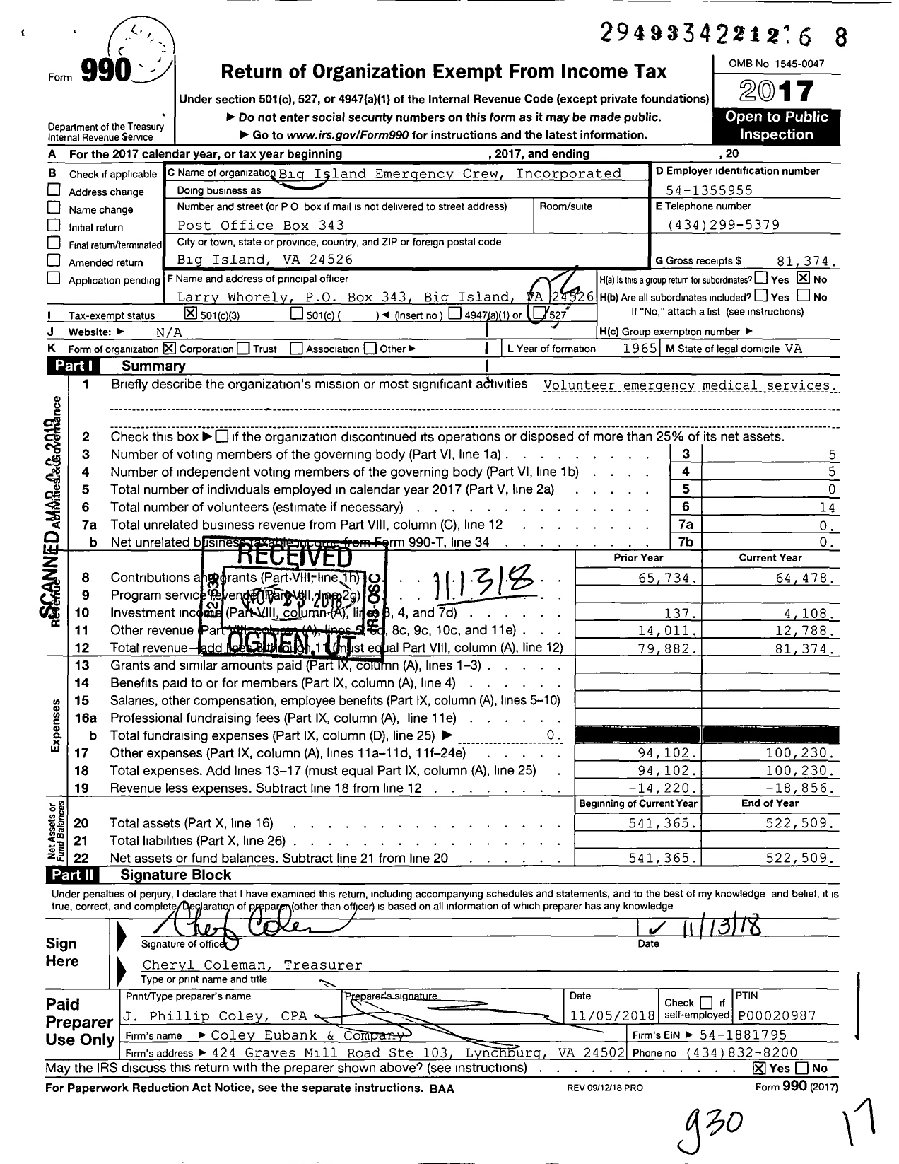 Image of first page of 2017 Form 990 for Big Island Emergency Crew Incorporated