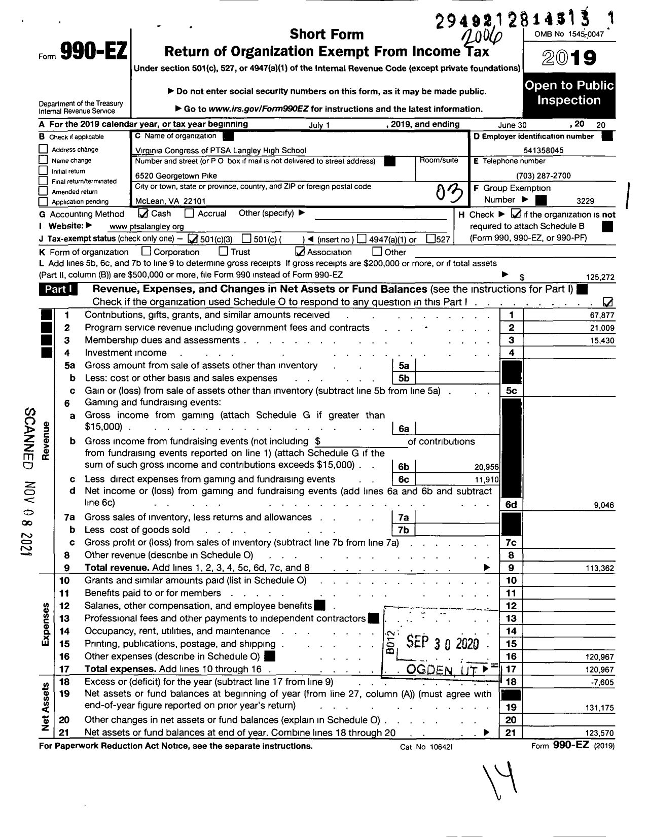 Image of first page of 2019 Form 990EZ for Virginia PTA - Langley High Ptsa