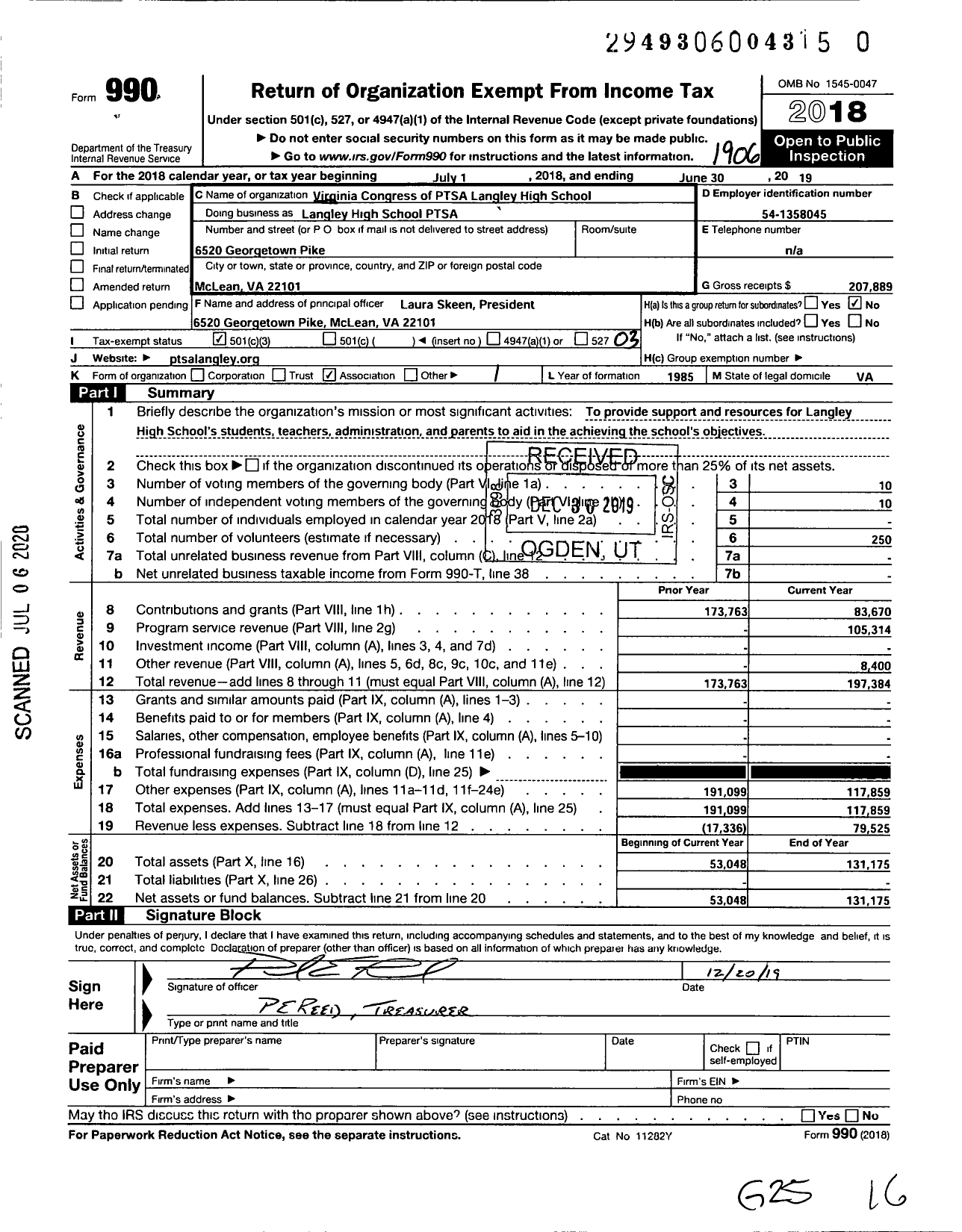 Image of first page of 2018 Form 990 for Virginia PTA - Langley High Ptsa