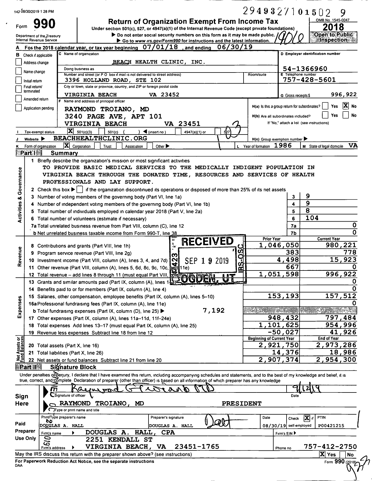 Image of first page of 2018 Form 990 for Beach Health Clinic