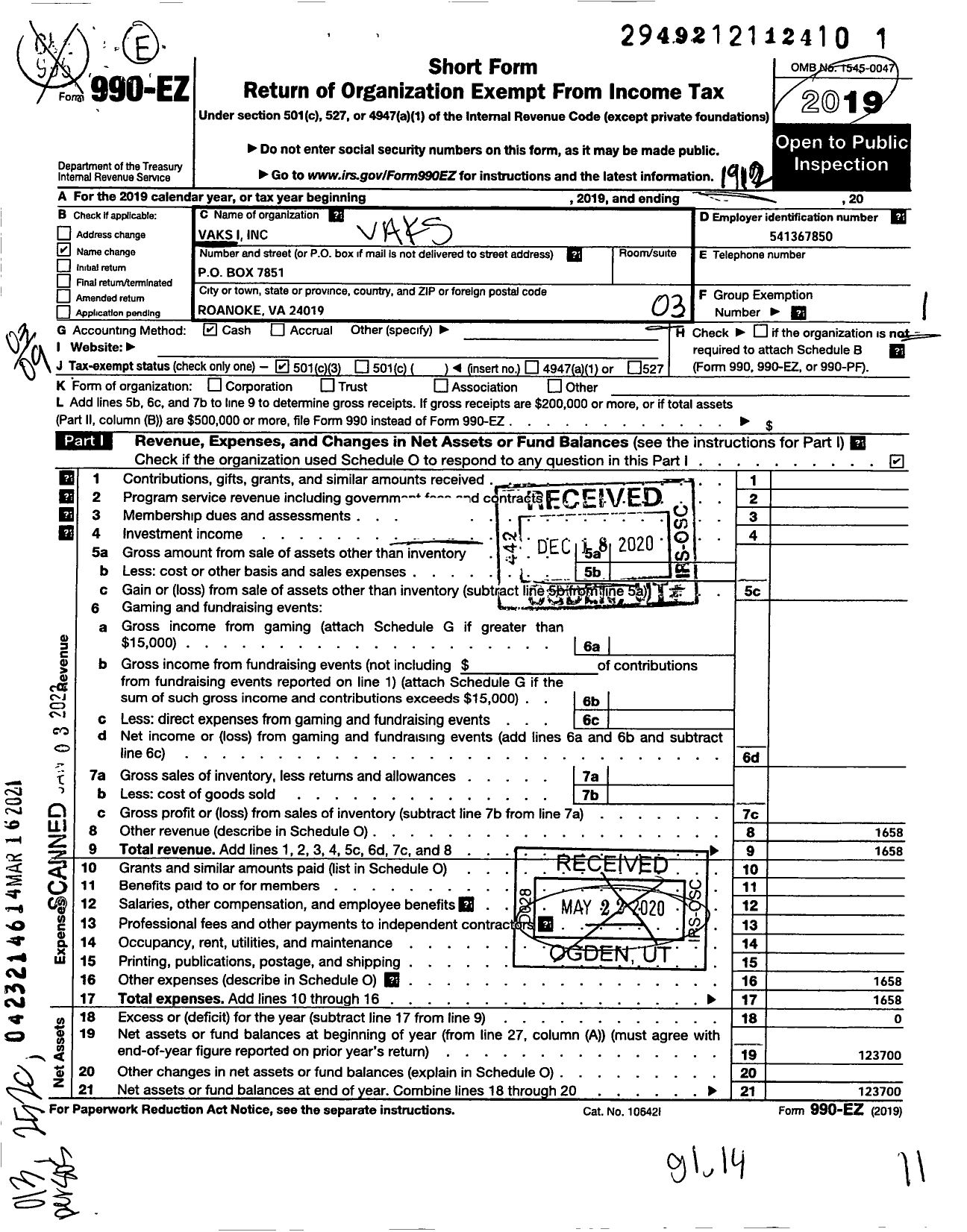 Image of first page of 2019 Form 990EZ for Vaks I