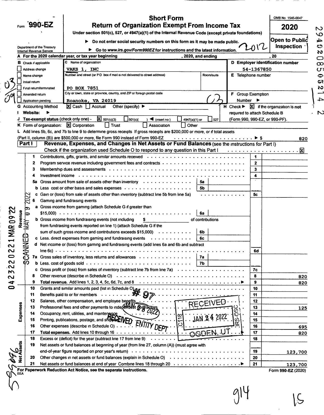 Image of first page of 2020 Form 990EZ for Vaks I