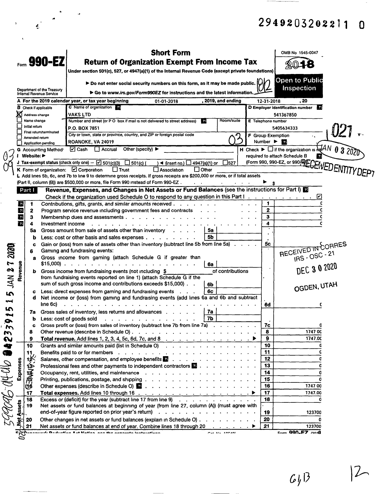 Image of first page of 2018 Form 990EZ for Vaks I