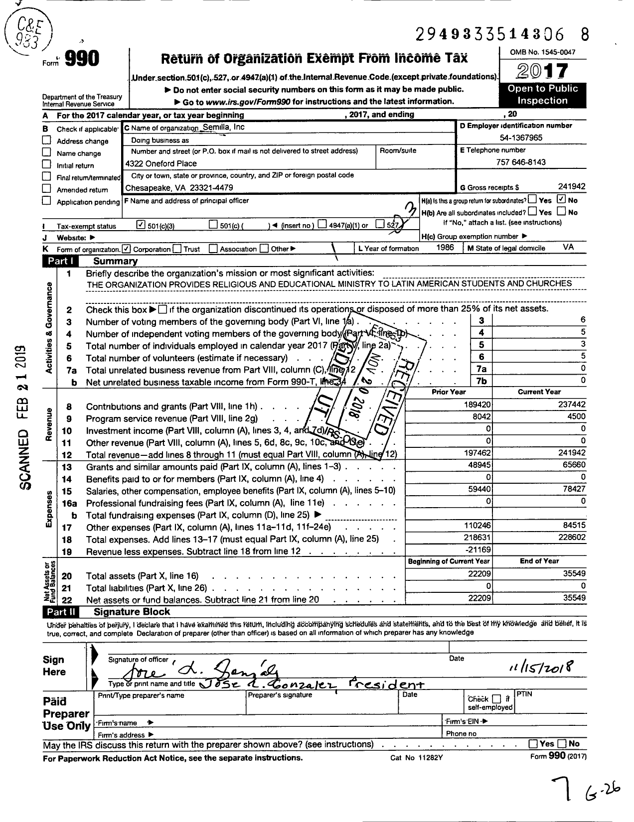 Image of first page of 2017 Form 990 for Semilla