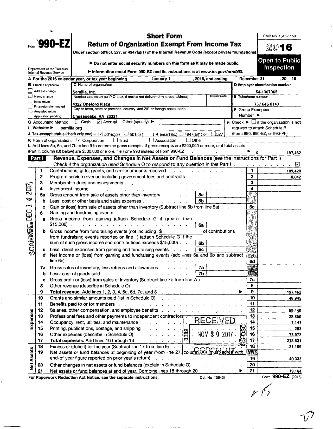 Image of first page of 2016 Form 990EZ for Semilla