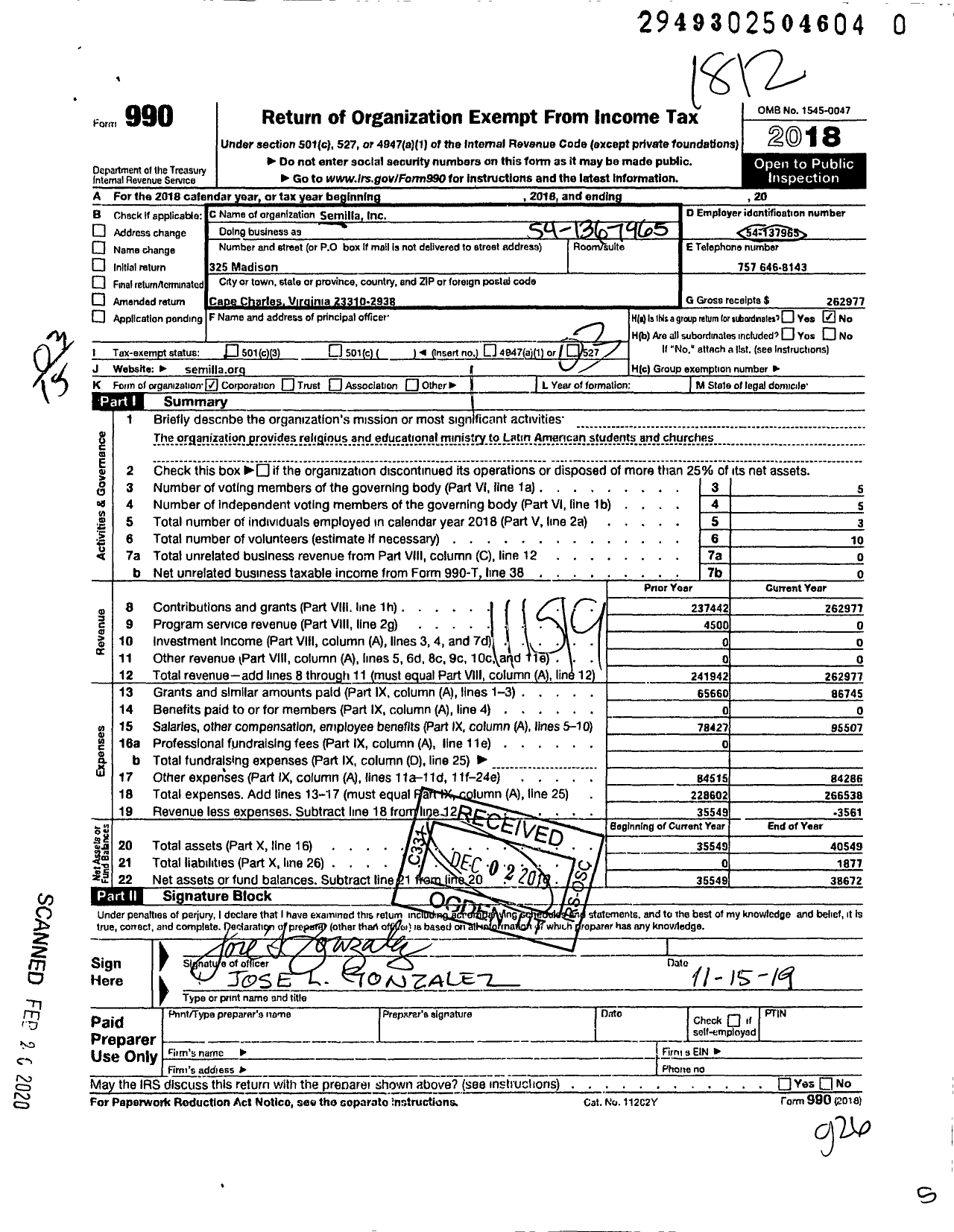 Image of first page of 2018 Form 990 for Semilla