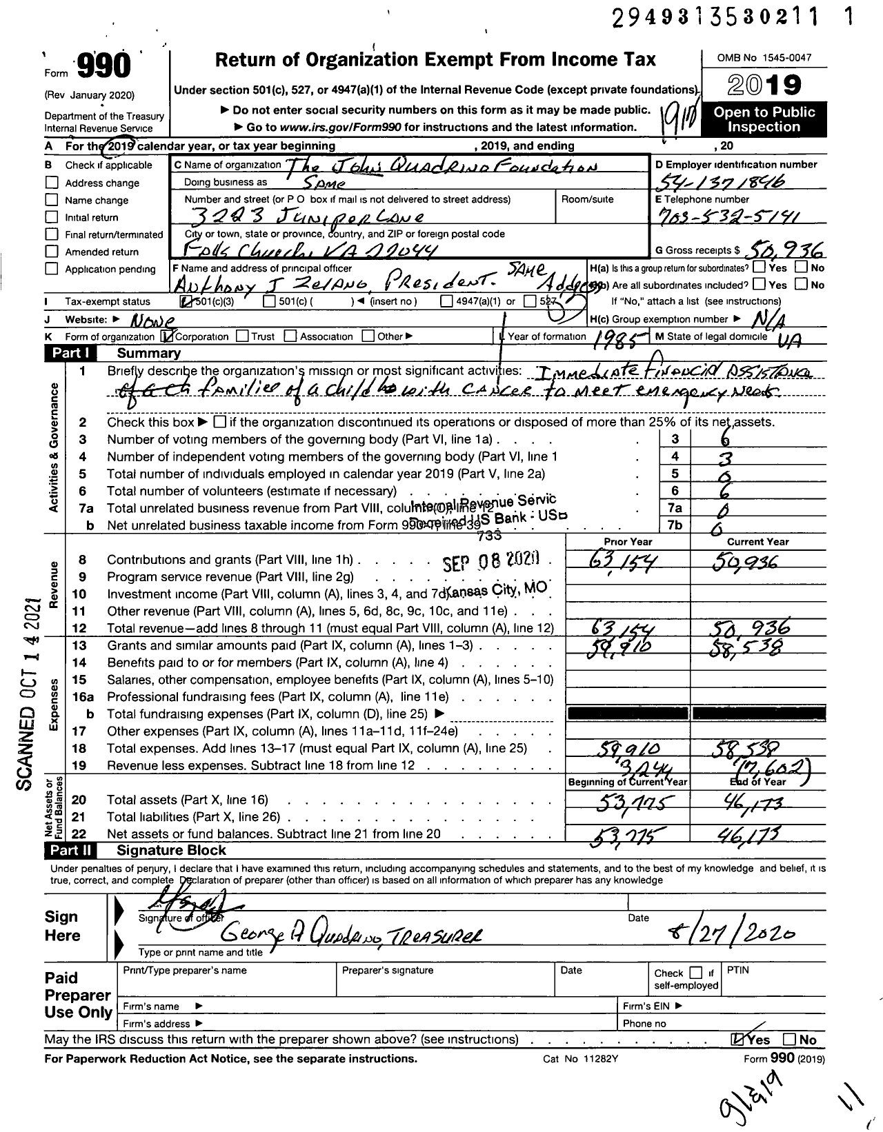 Image of first page of 2019 Form 990 for The John Quadrino Foundation