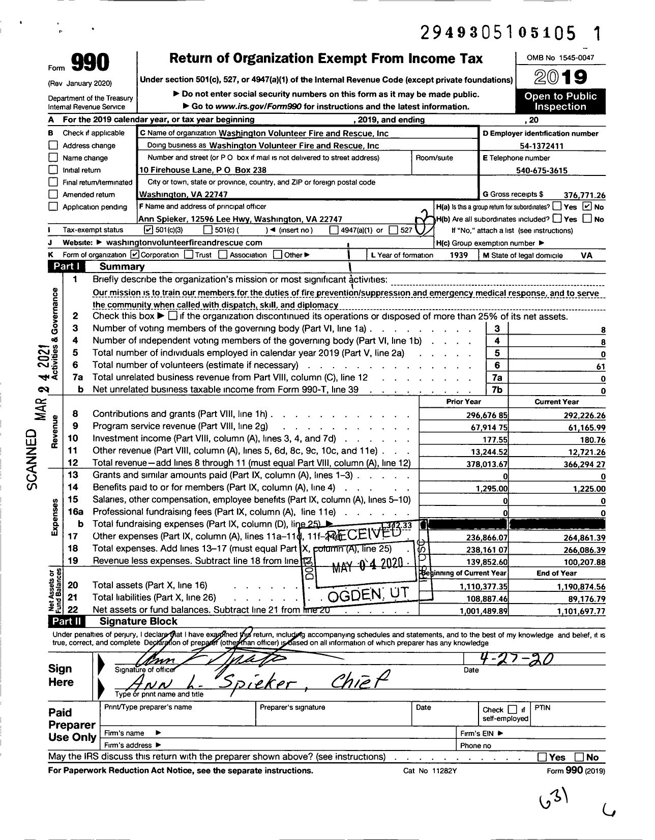 Image of first page of 2019 Form 990 for Washington Volunteer Fire and Rescue