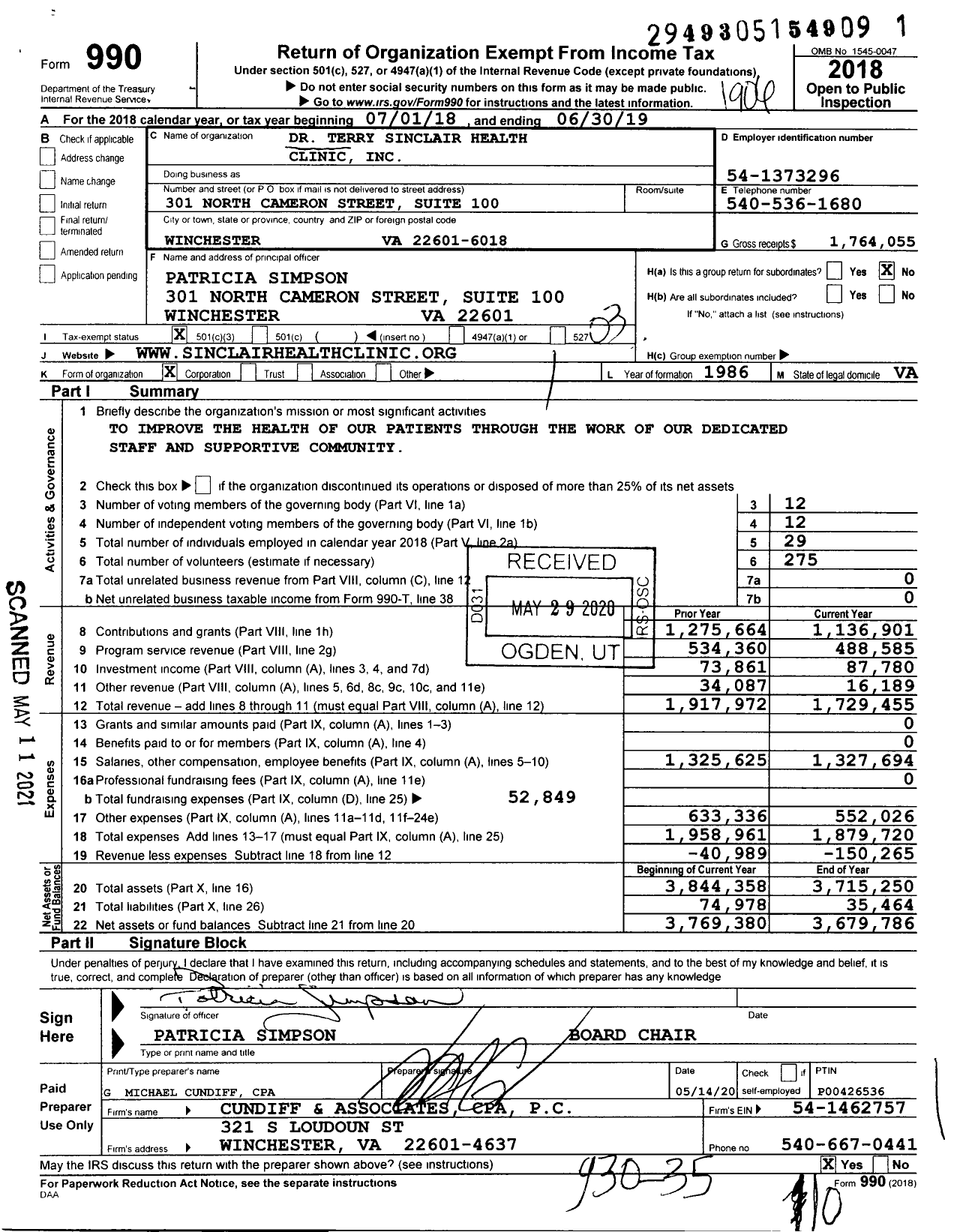 Image of first page of 2018 Form 990 for Dr Terry Sinclair Health Clinic