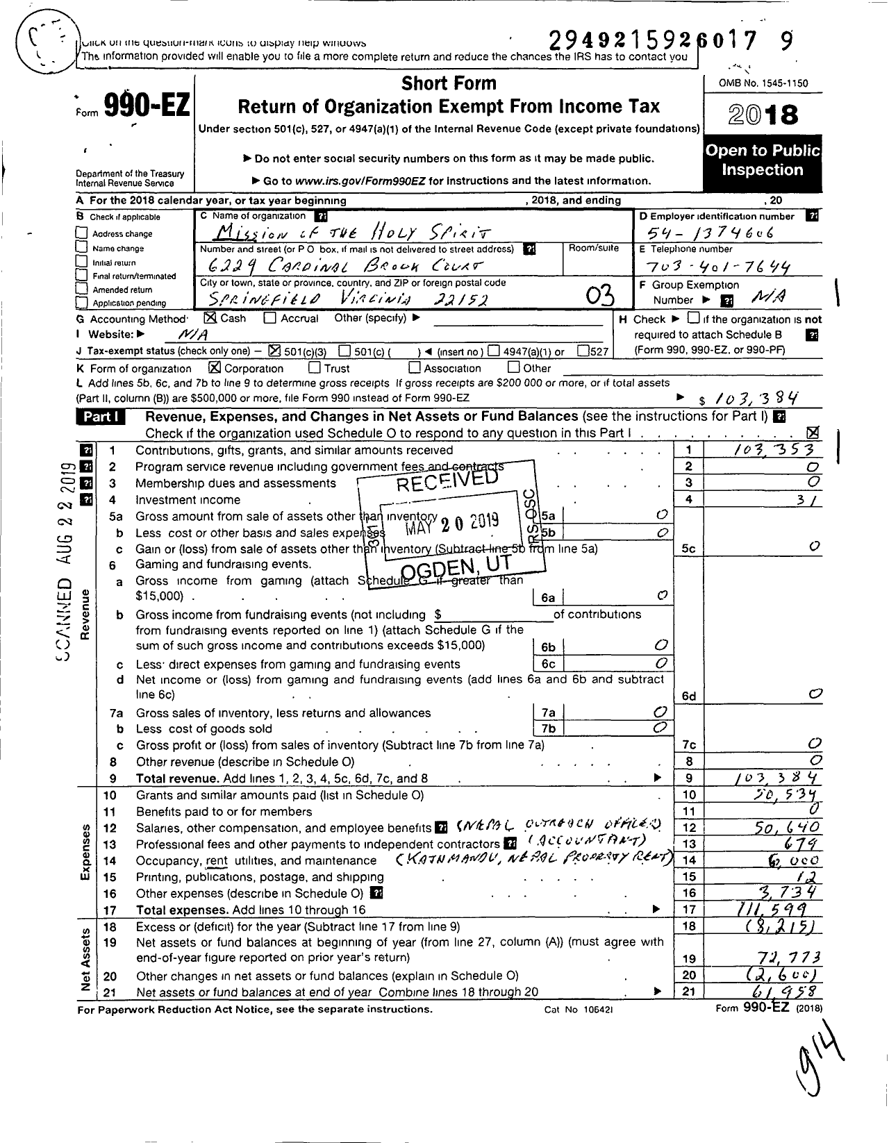 Image of first page of 2018 Form 990EZ for Mission of the Holy Spirit