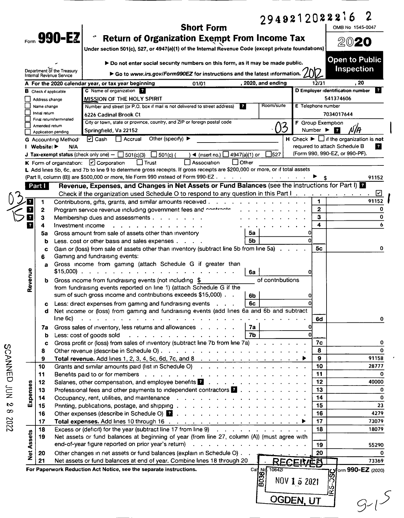 Image of first page of 2020 Form 990EZ for Mission of the Holy Spirit