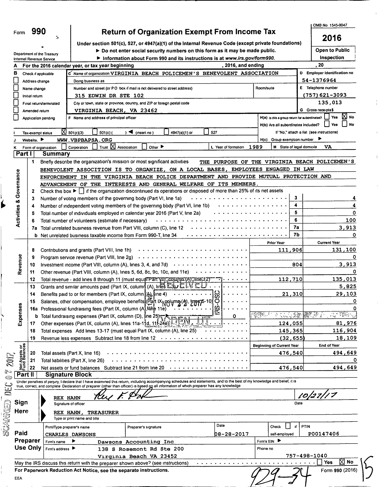 Image of first page of 2016 Form 990 for Virginia Beach Policemens Benefit Association