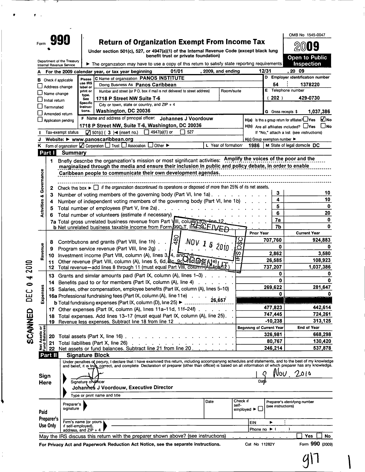 Image of first page of 2009 Form 990 for Panos Institute