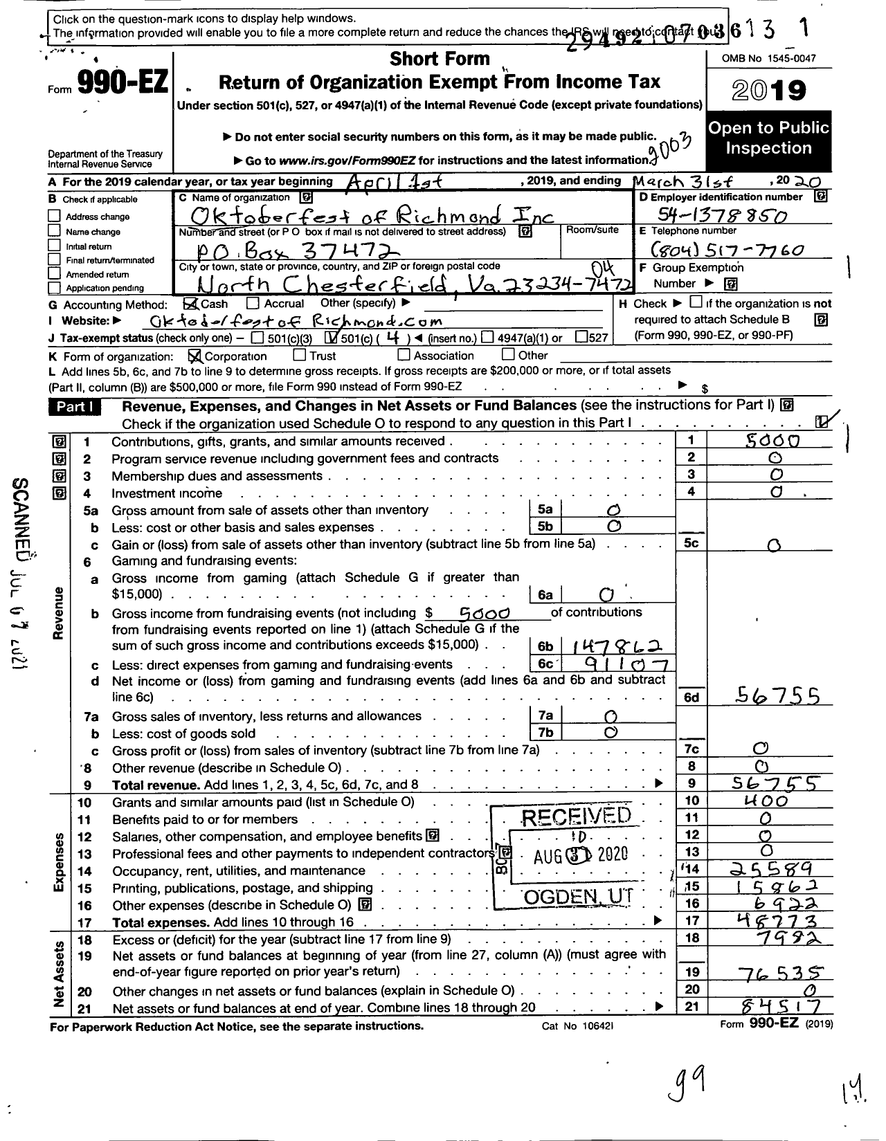 Image of first page of 2019 Form 990EO for Oktoberfest of Richmond